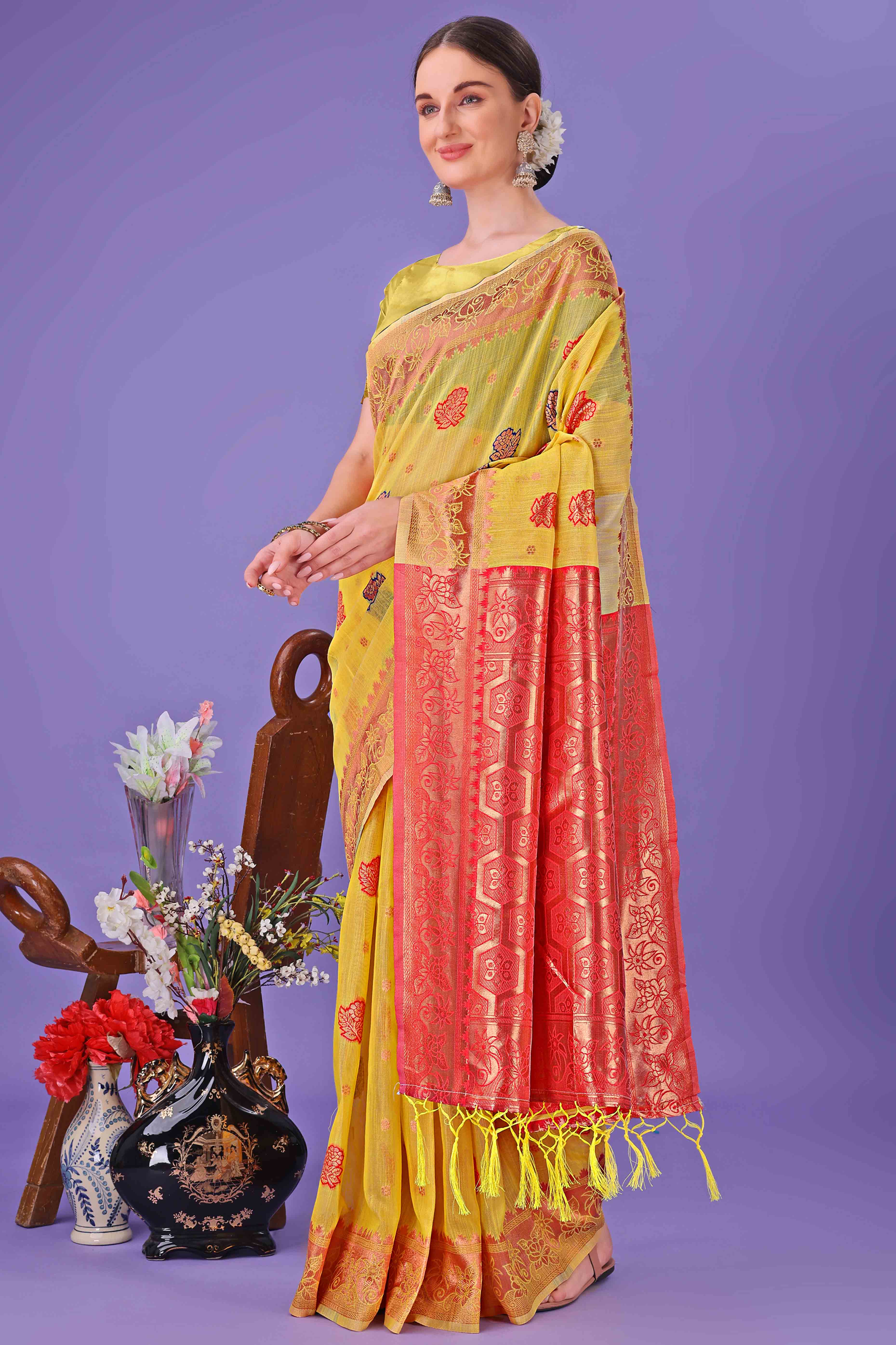Yellow Saree with Floral Zari Weaving on a Linen Cotton Base
