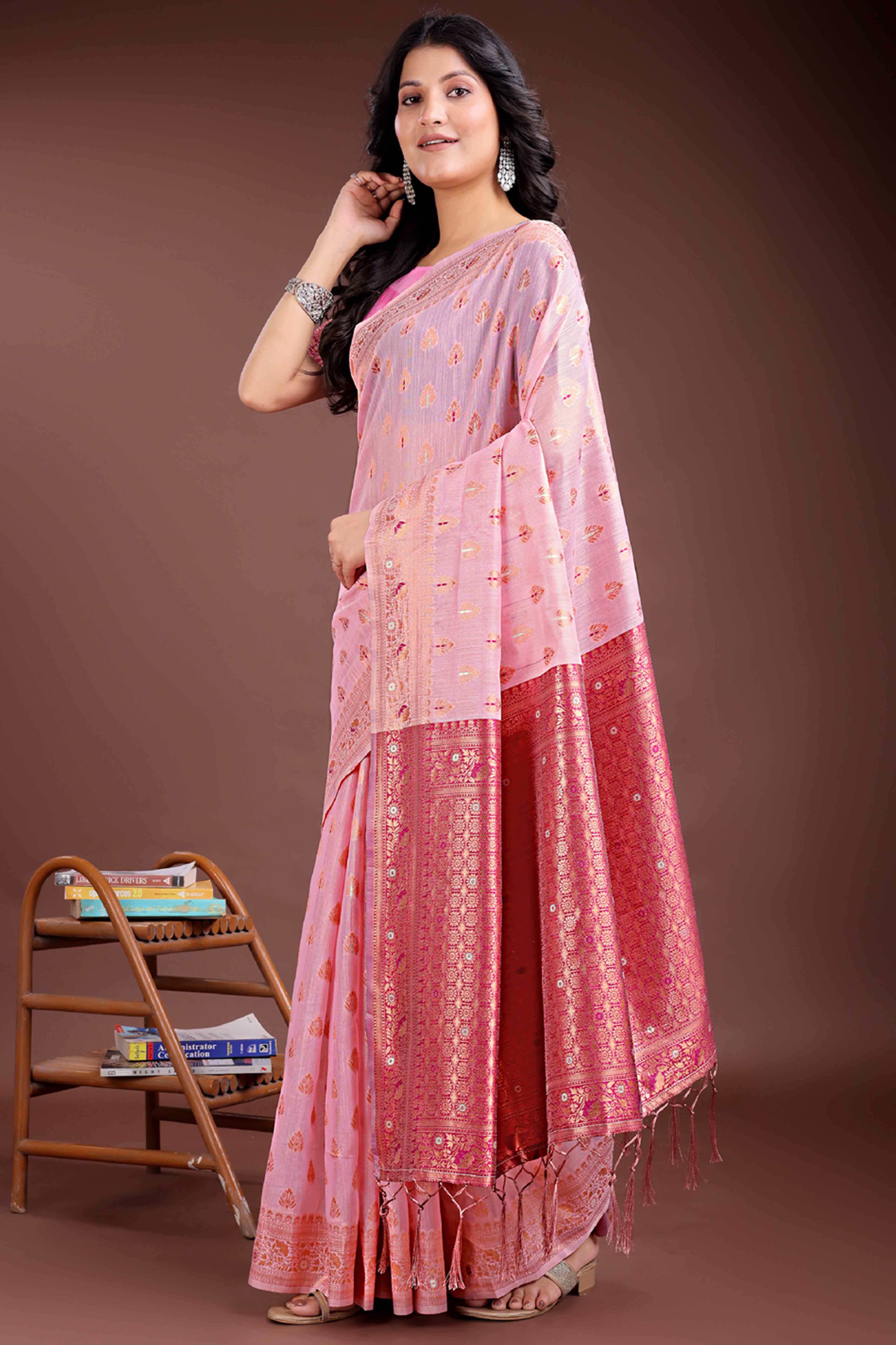 Romantic Pink Floral Zari Weaving Cotton Blend Saree with Lovely Tassel Accents