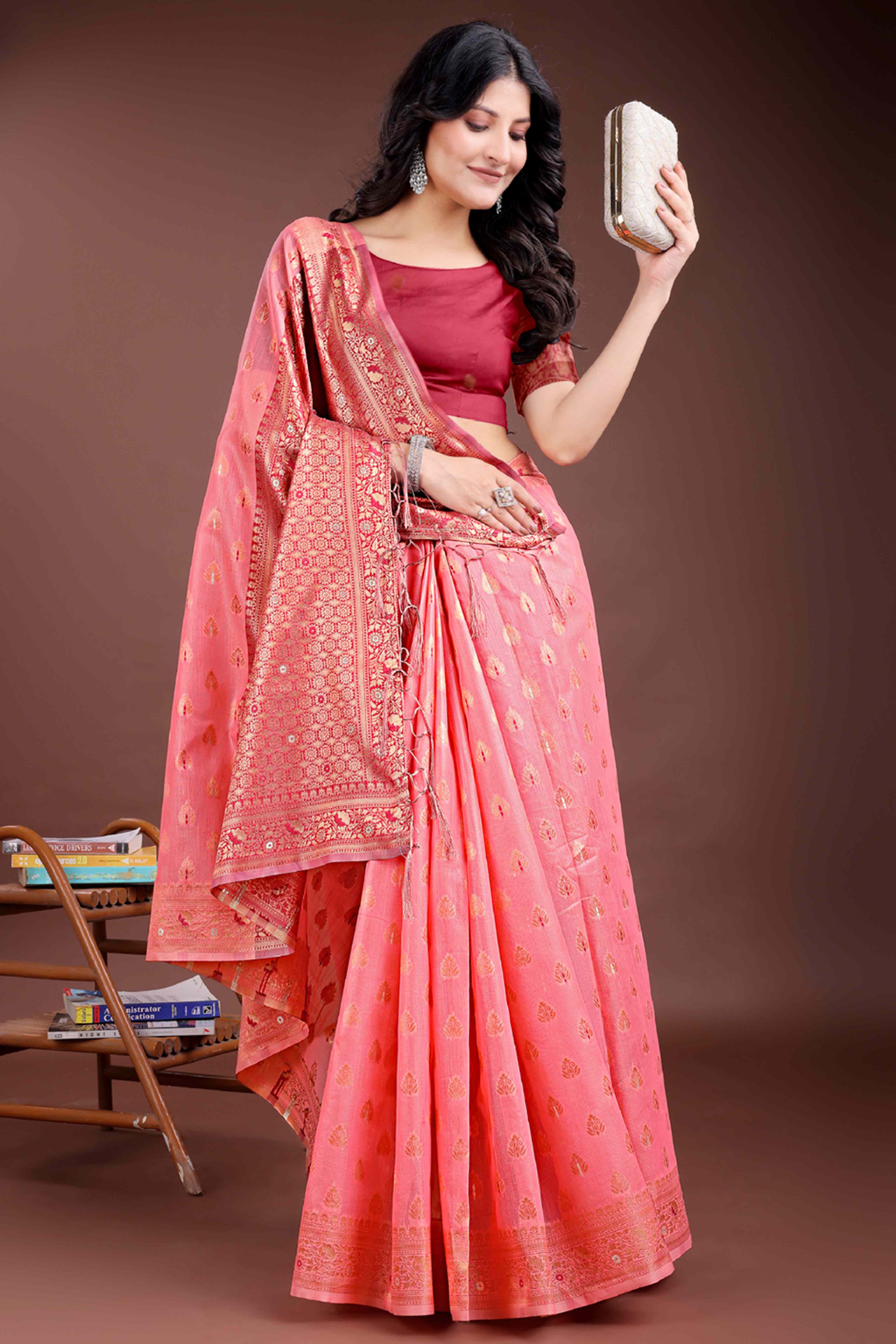 Elegant Peach Floral Zari Weaving Cotton Blend Saree with Beautiful Tassel Details