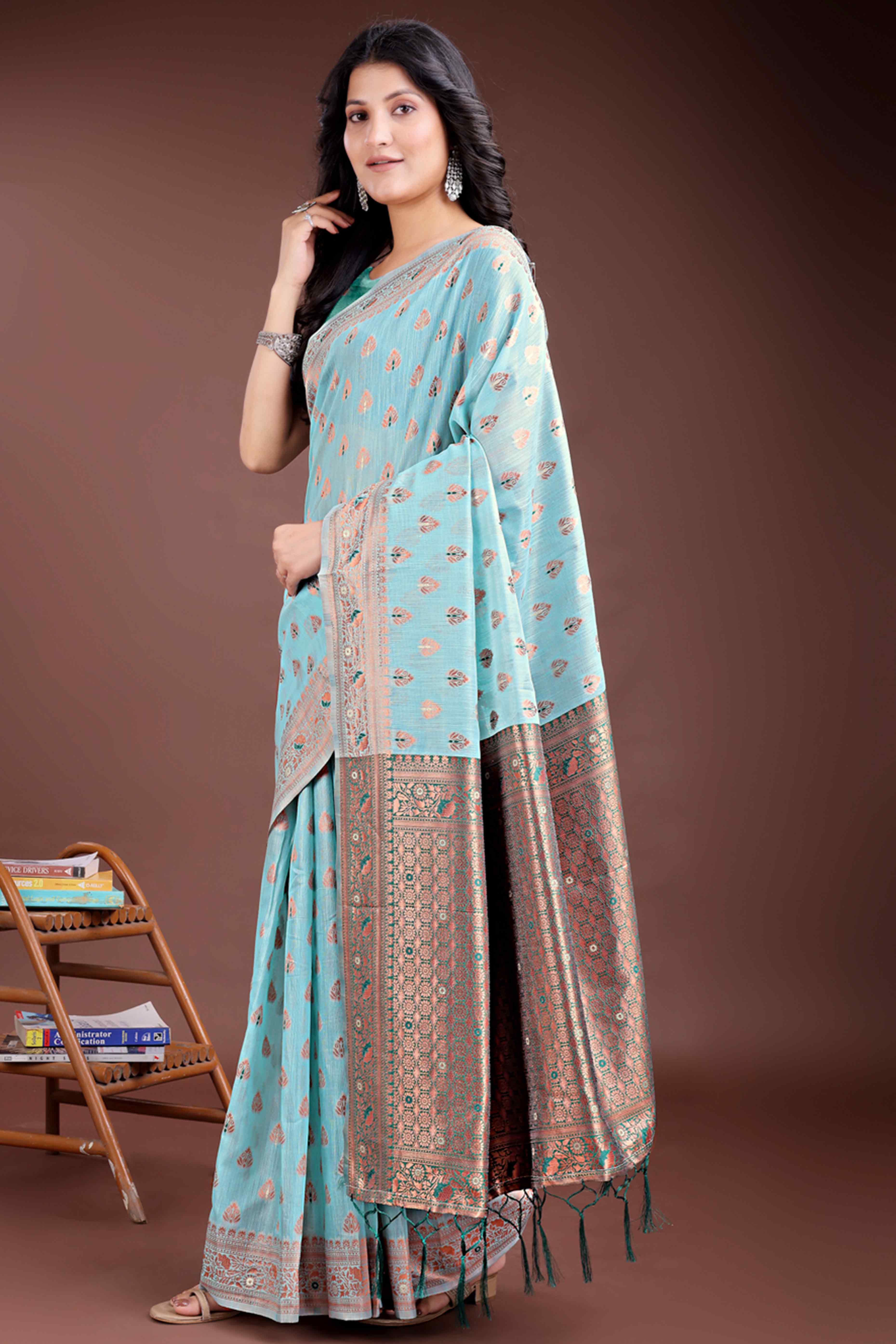 Serene Aqua Blue Floral Zari Weaving Cotton Blend Saree with Charming Tassel Ornaments