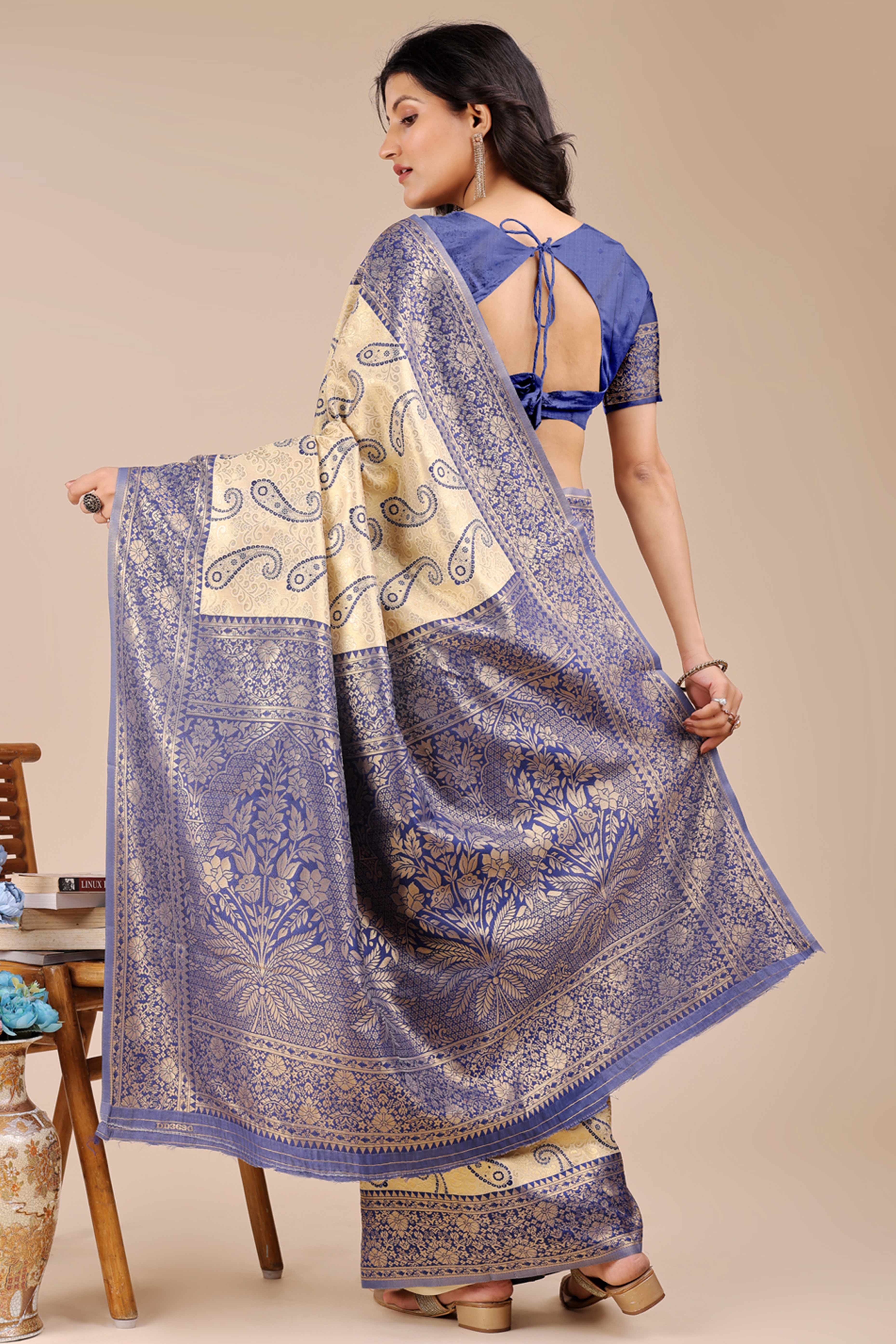 Cream Banarasi Silk Saree Featuring Navy Blue Floral Zari Weaving and a Rich Contrast Border