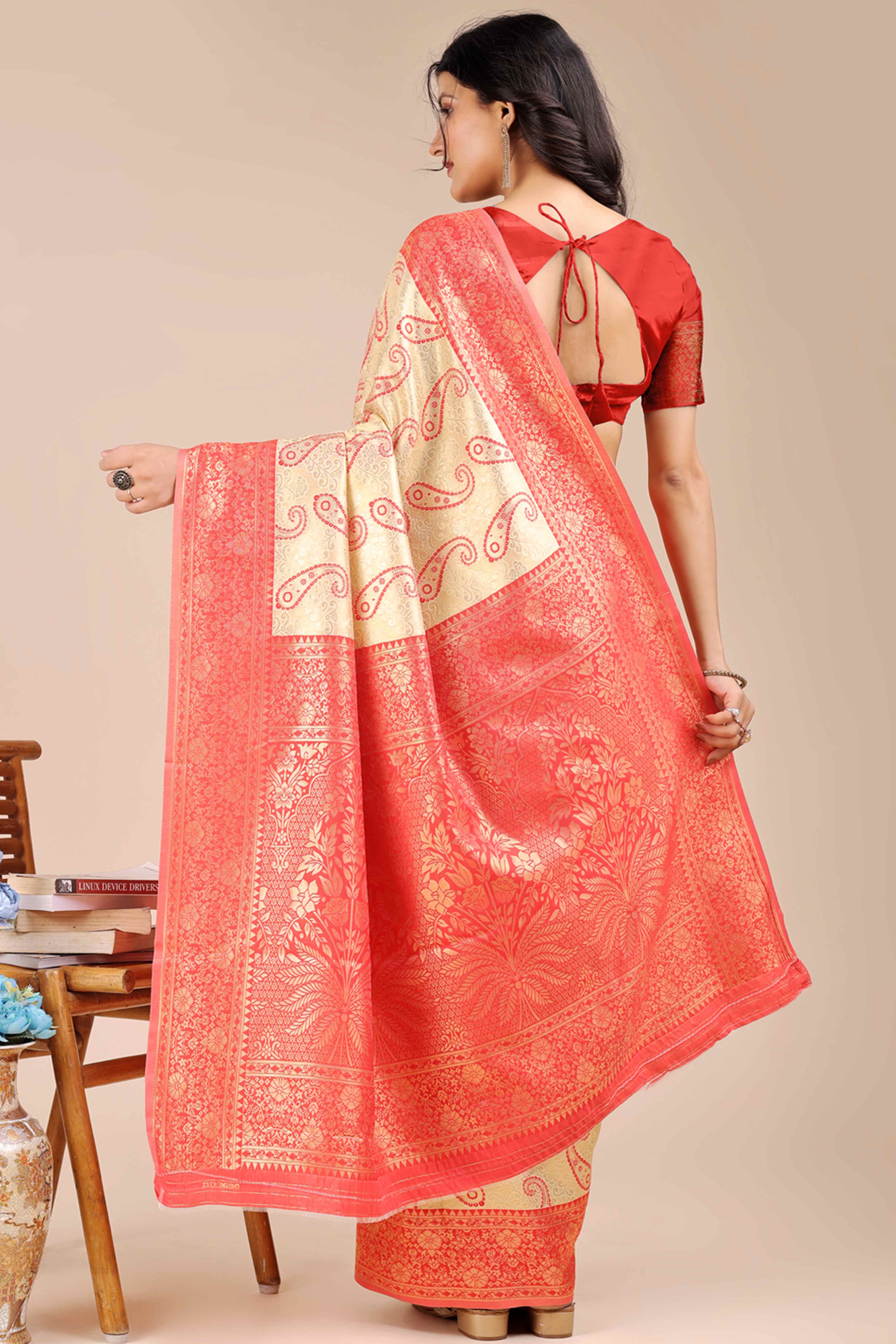Cream Banarasi Silk Saree Featuring Red Floral Zari Weaving and a Rich Contrast Border