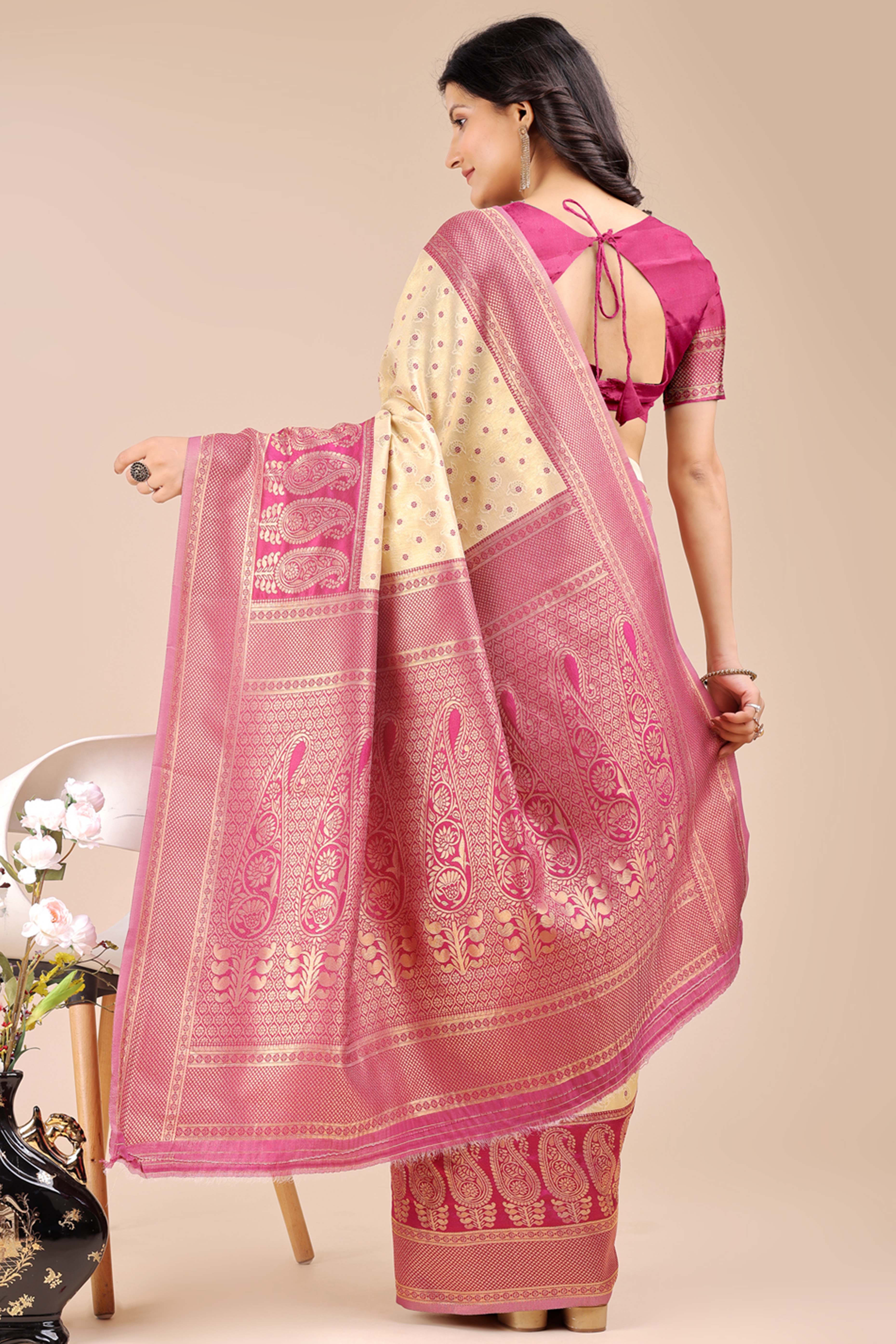 Cream Banarasi Silk Saree Featuring Lustrous Magenta Floral Zari Weaving and a Rich Contrast Border