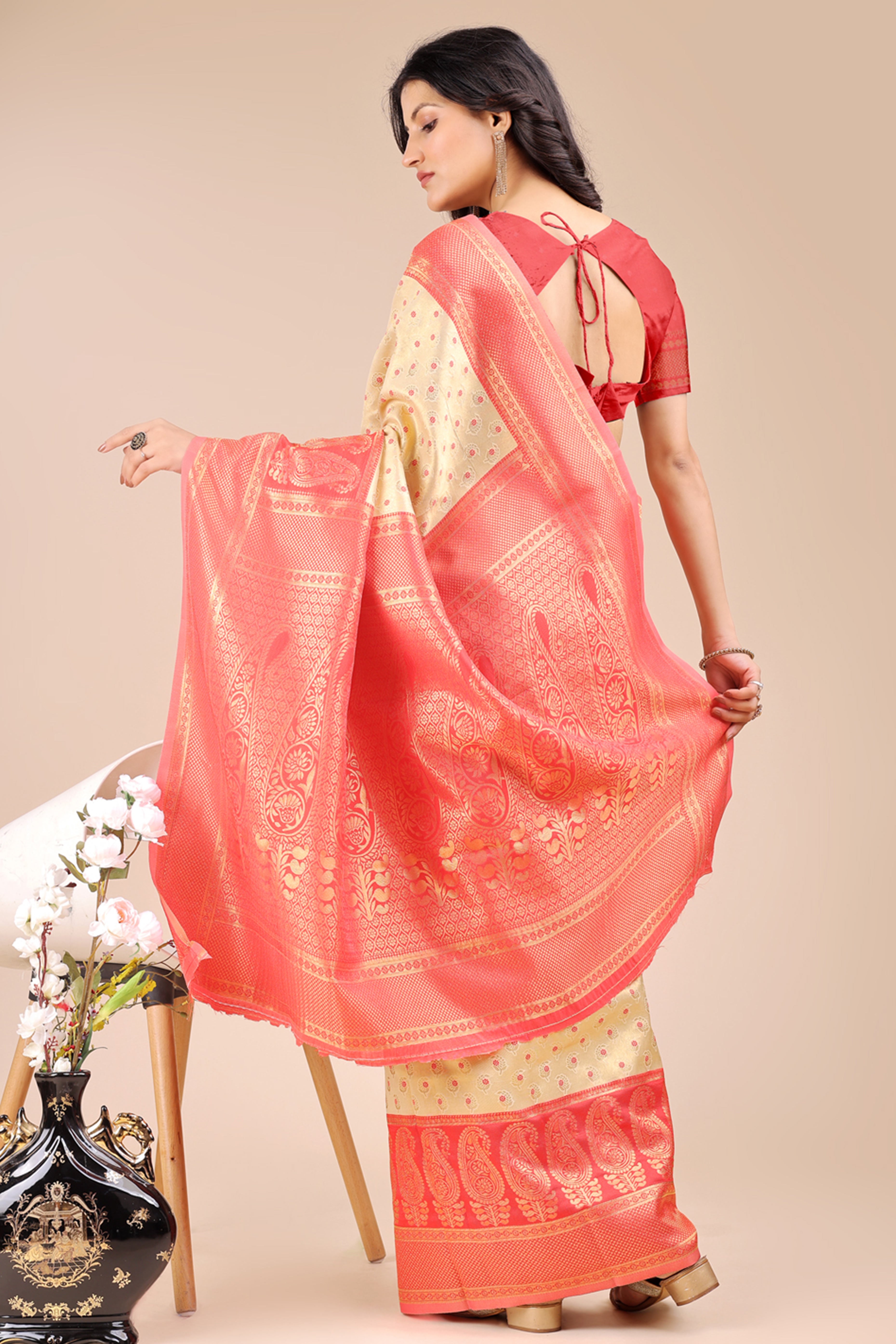 Cream Banarasi Silk Saree Featuring Lustrous Red Floral Zari Weaving and a Rich Contrast Border
