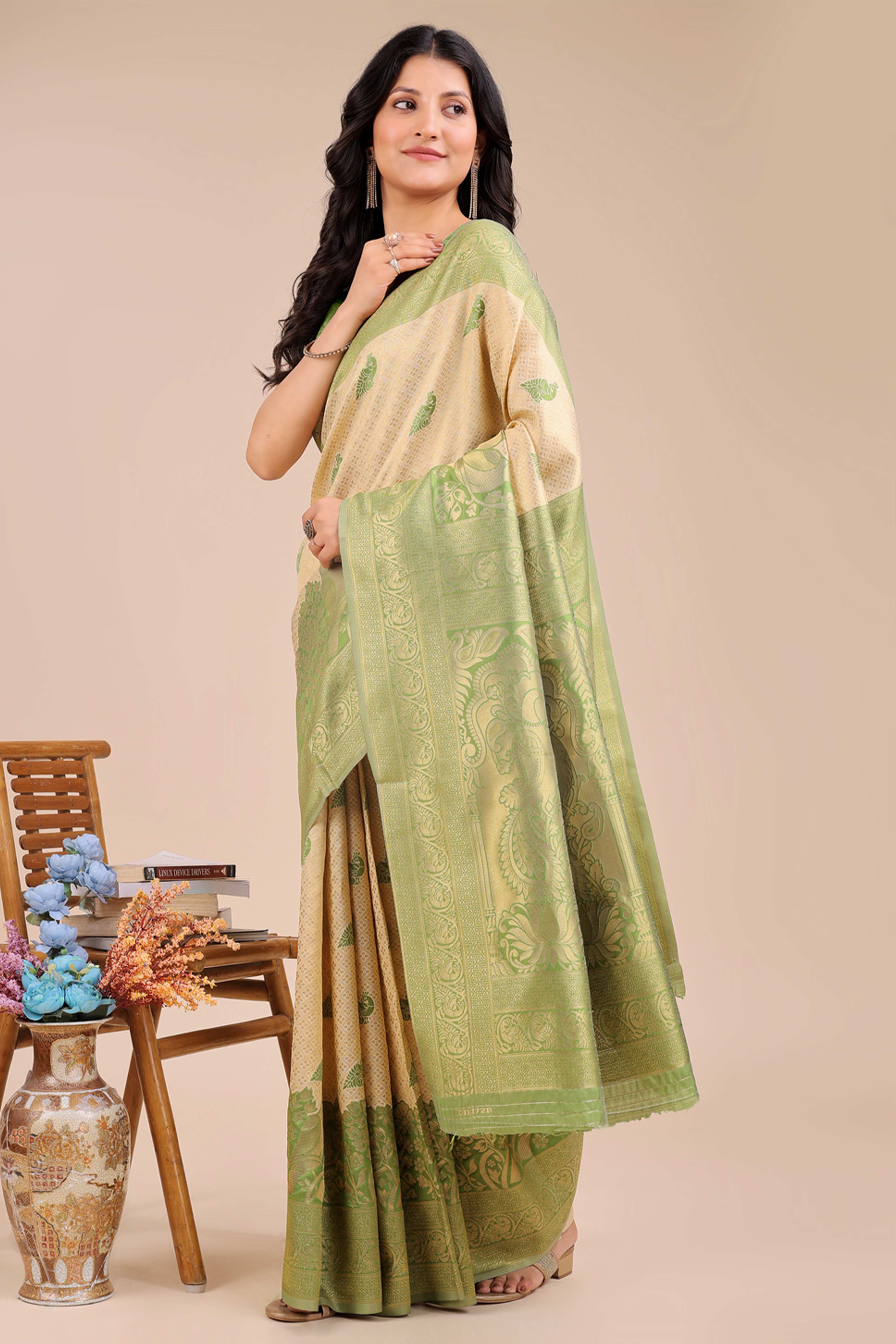 Cream & Light Green Floral Zari Weaving Banarasi Silk Saree With Intricate Peacock Pallu