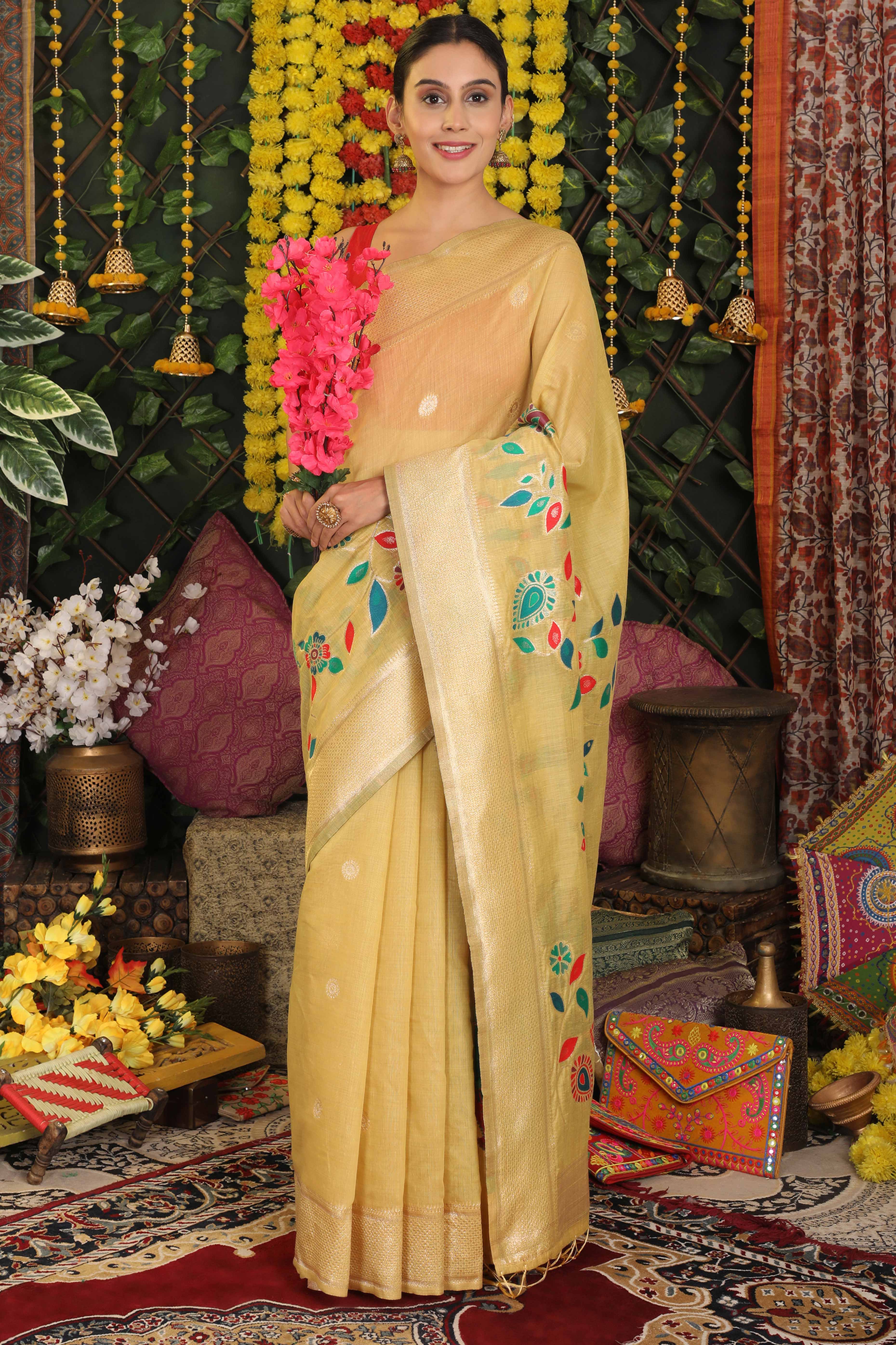 Light Yellow Linen Cotton Saree Showcasing Floral & Peacock Zari Woven Design