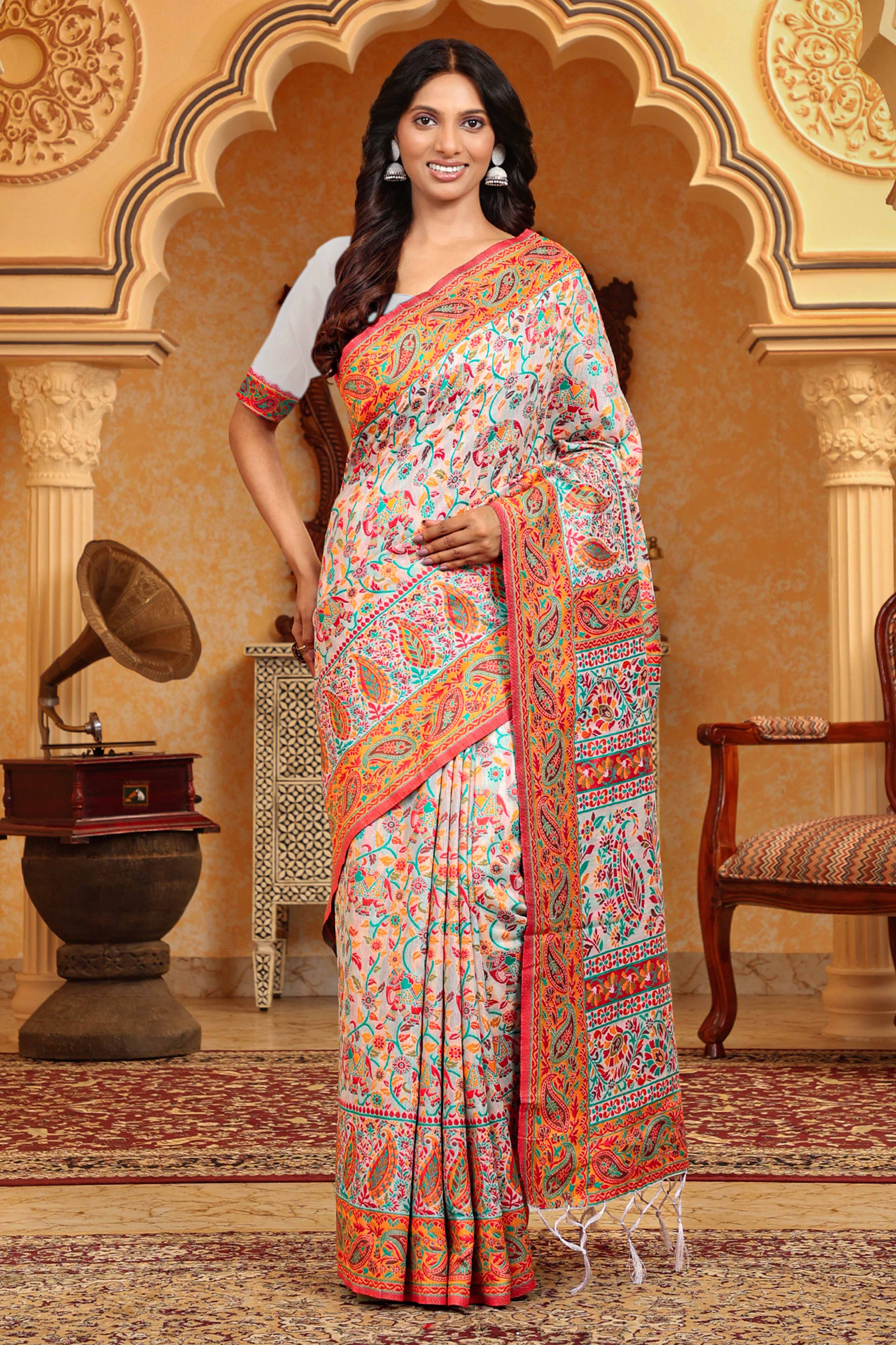 White With Multicolor Linen Cotton Silk  Saree Enhanced Floral Zari Weaving & Tasselled Pallu