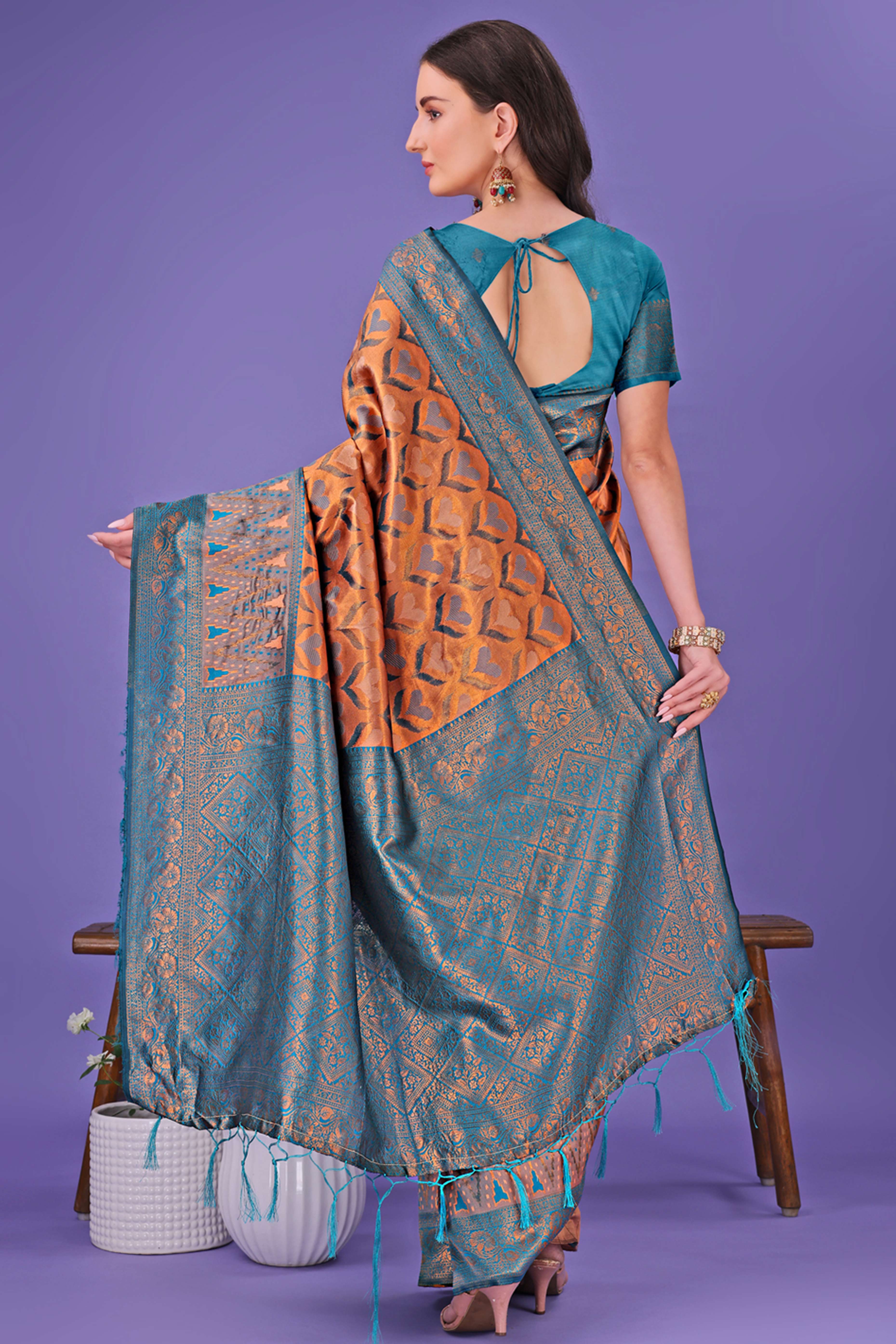 Peach Heart Motif Zari Woven Lichi Cotton Silk Saree With Flowing Tassels