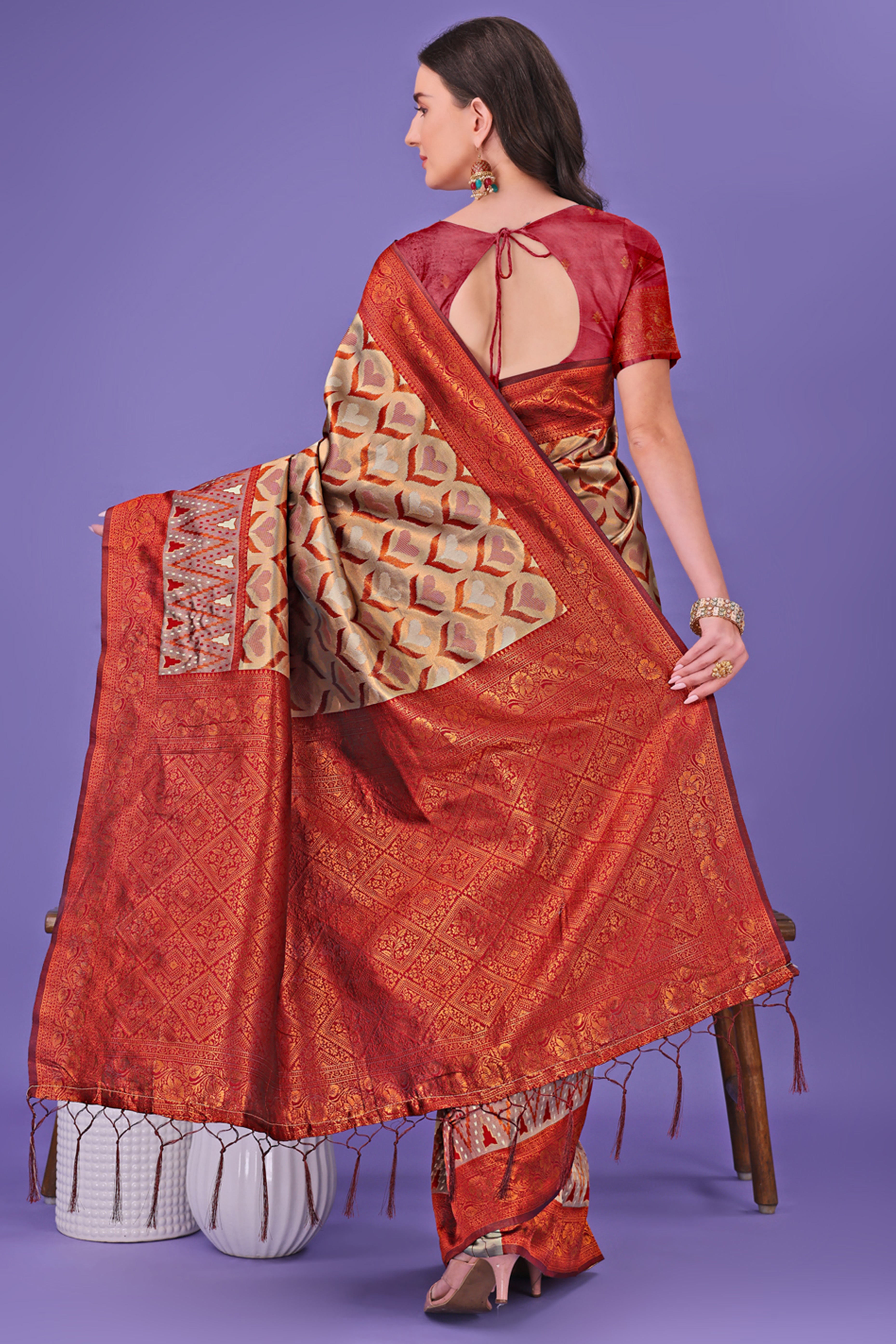 Chikoo Heart Motif Zari Woven Lichi Cotton Silk Saree With Flowing Tassels