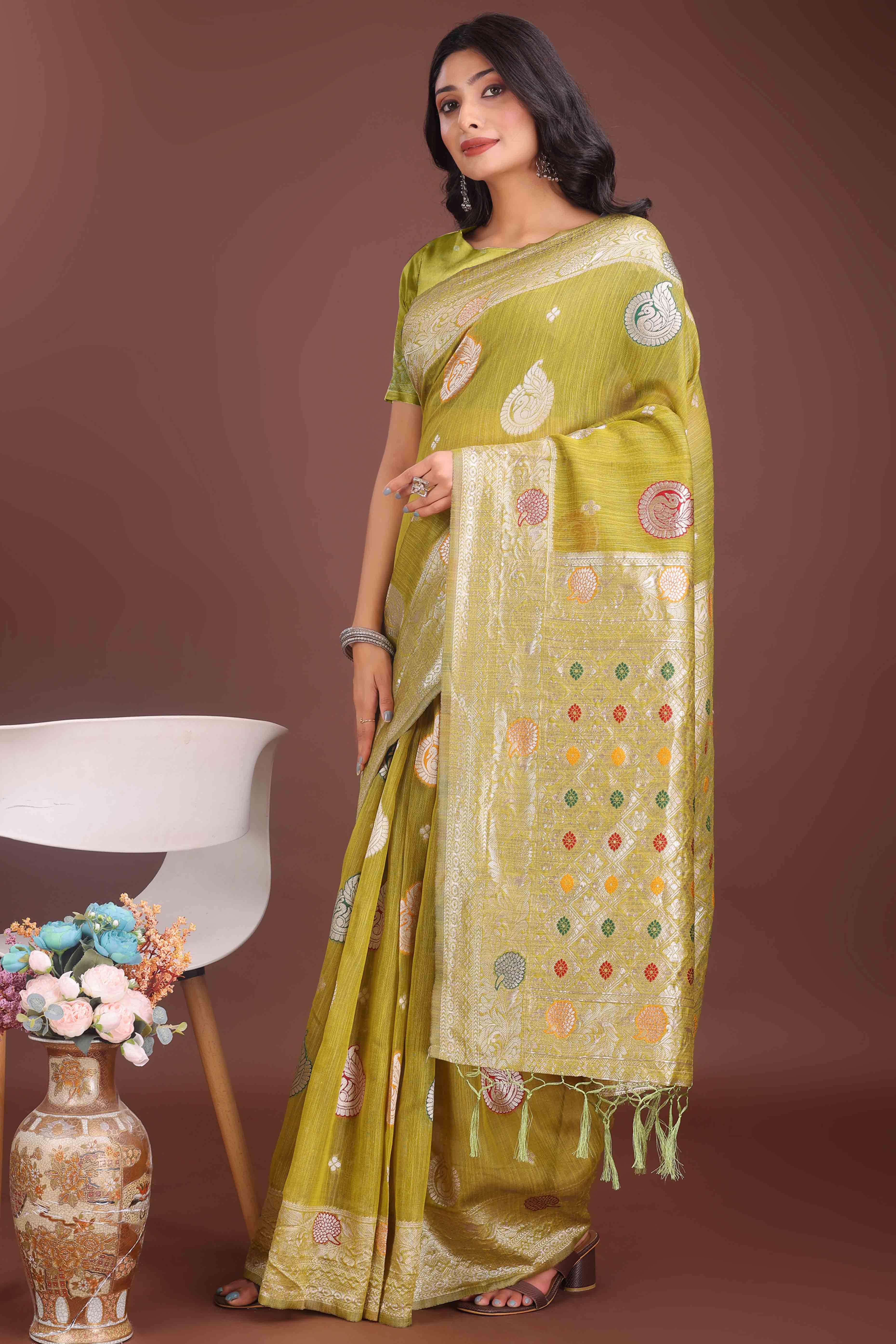 Green Lichi Cotton Blend Saree With Zari Floral Weaving & Tassel Detailing
