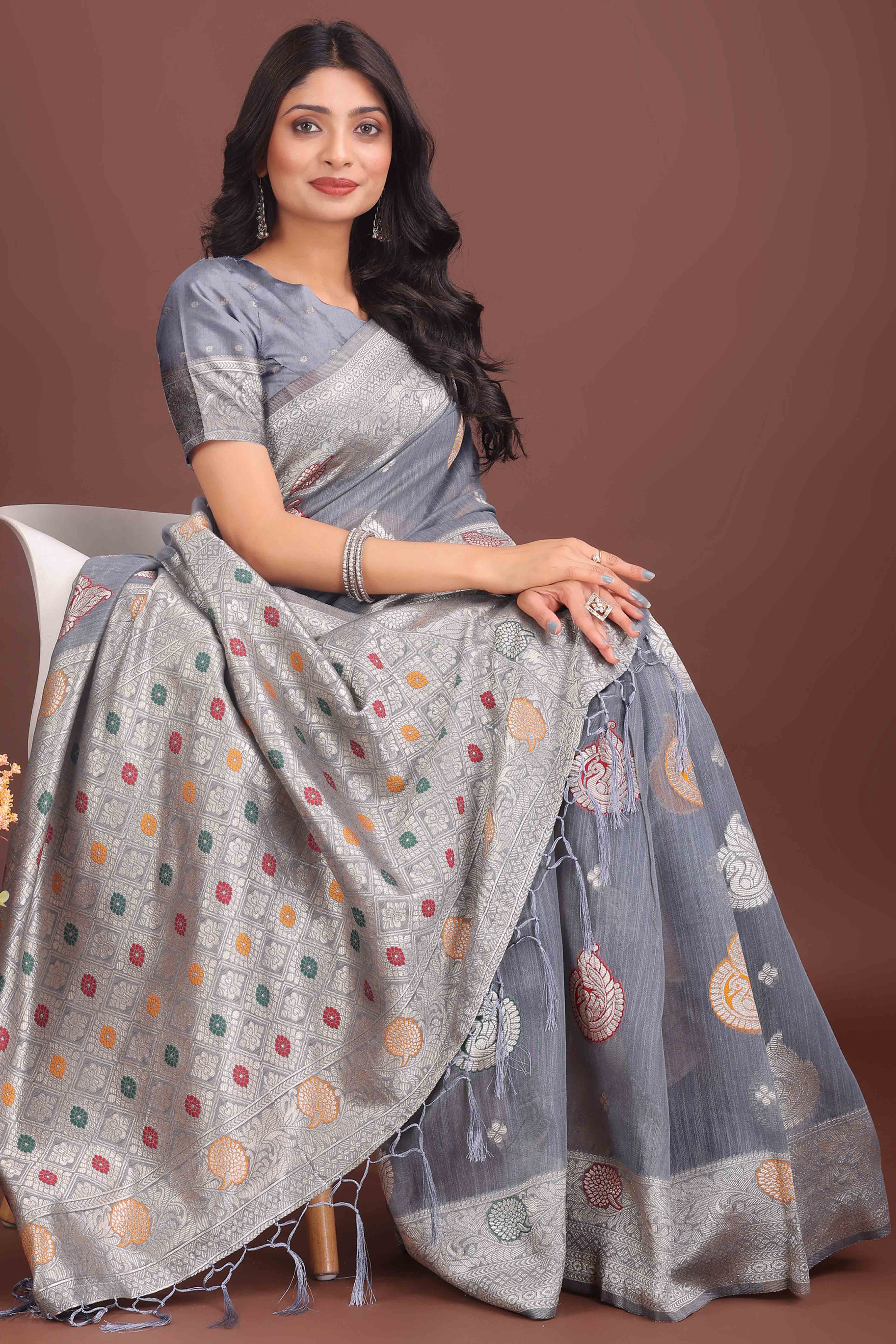 Grey Lichi Cotton Blend Saree With Zari Floral Weaving & Tassel Detailing