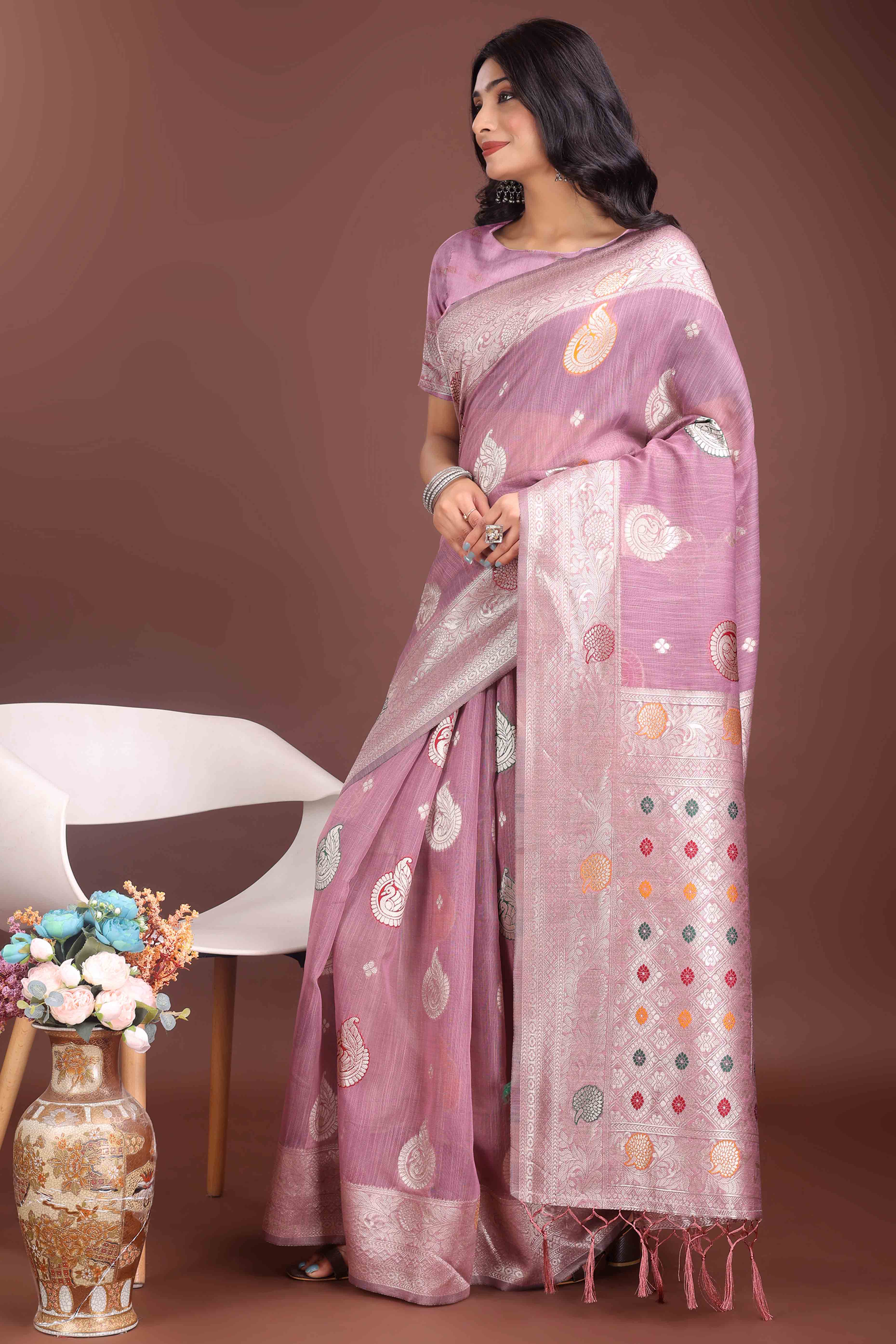 Purple Lichi Cotton Blend Saree With Zari Floral Weaving & Tassel Detailing