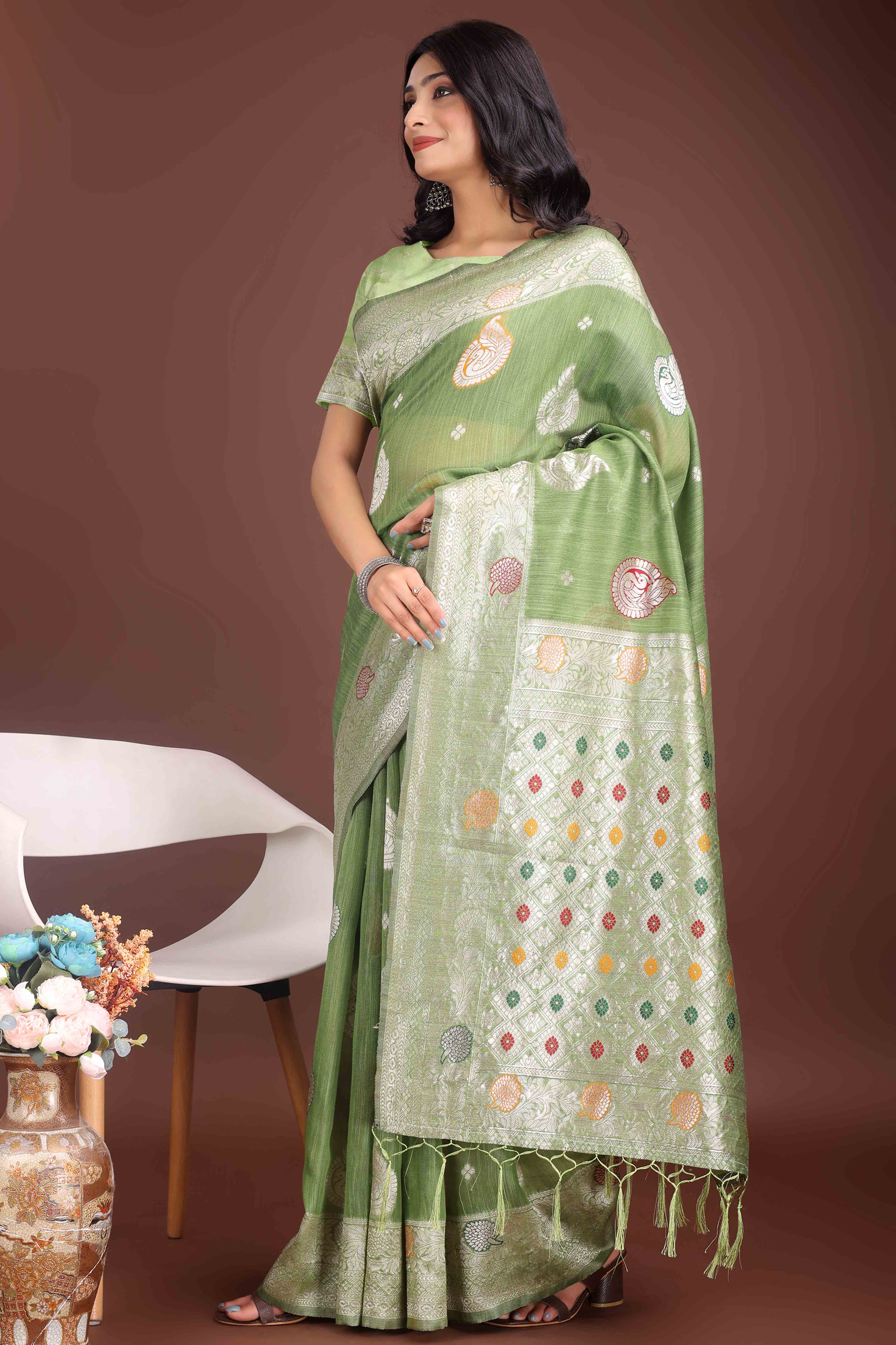 Light Green Lichi Cotton Blend Saree With Zari Floral Weaving & Tassel Detailing