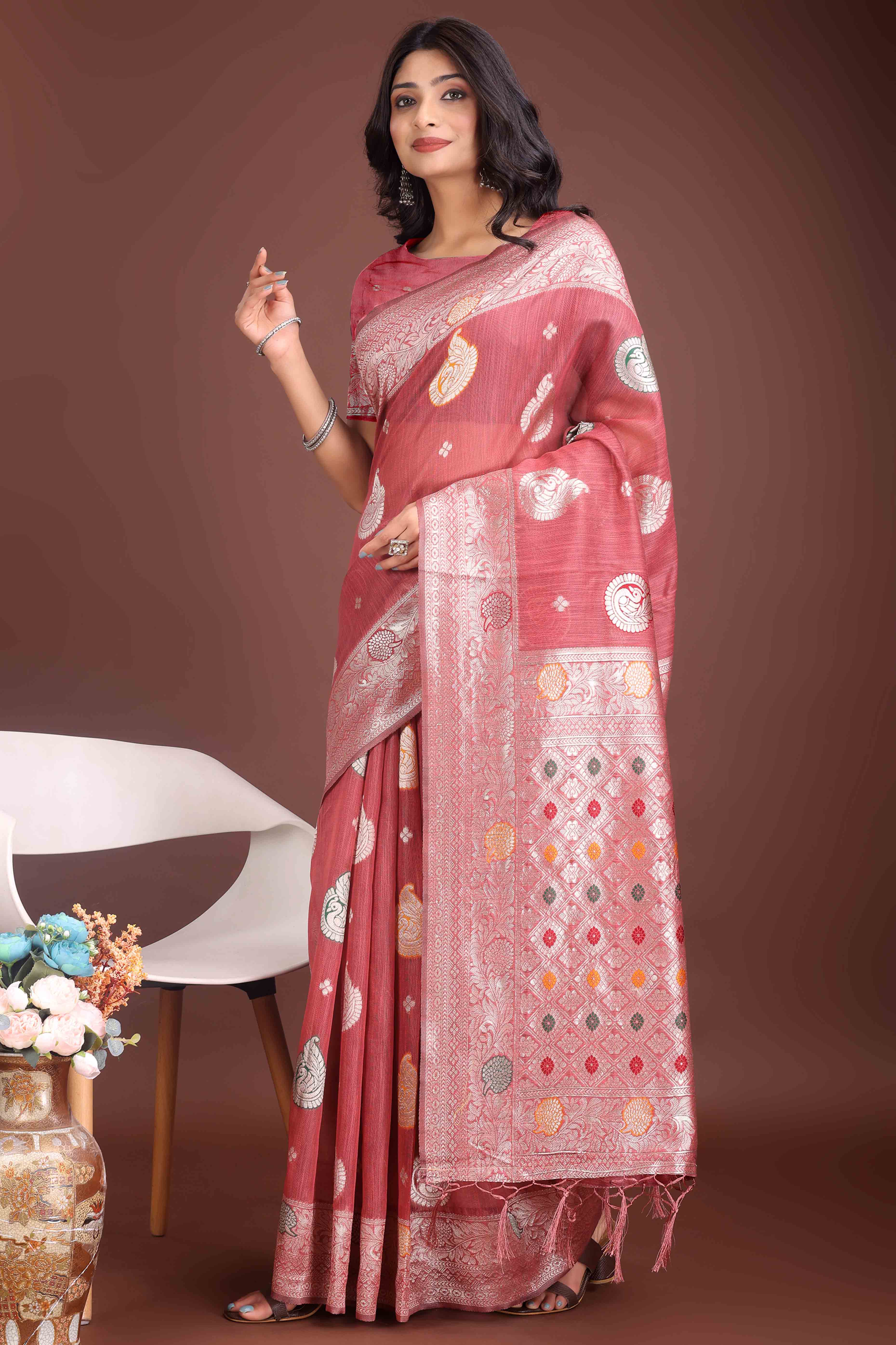 Dark Coral Pink Lichi Cotton Blend Saree With Zari Floral Weaving & Tassel Detailing