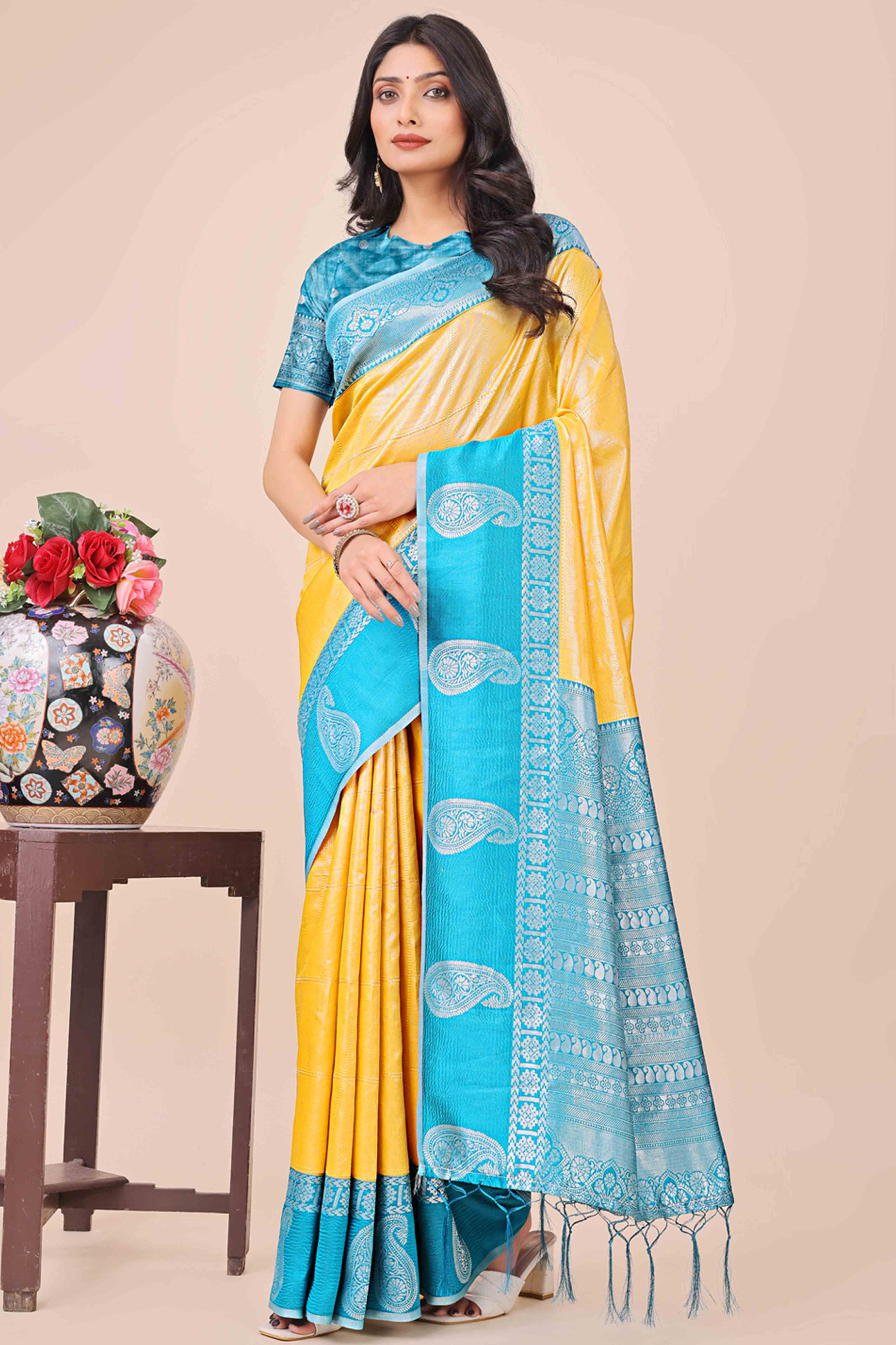 Yellow Lichi Silk Blend Saree With Intricate Paisley Zari Weave & Graceful Tassels