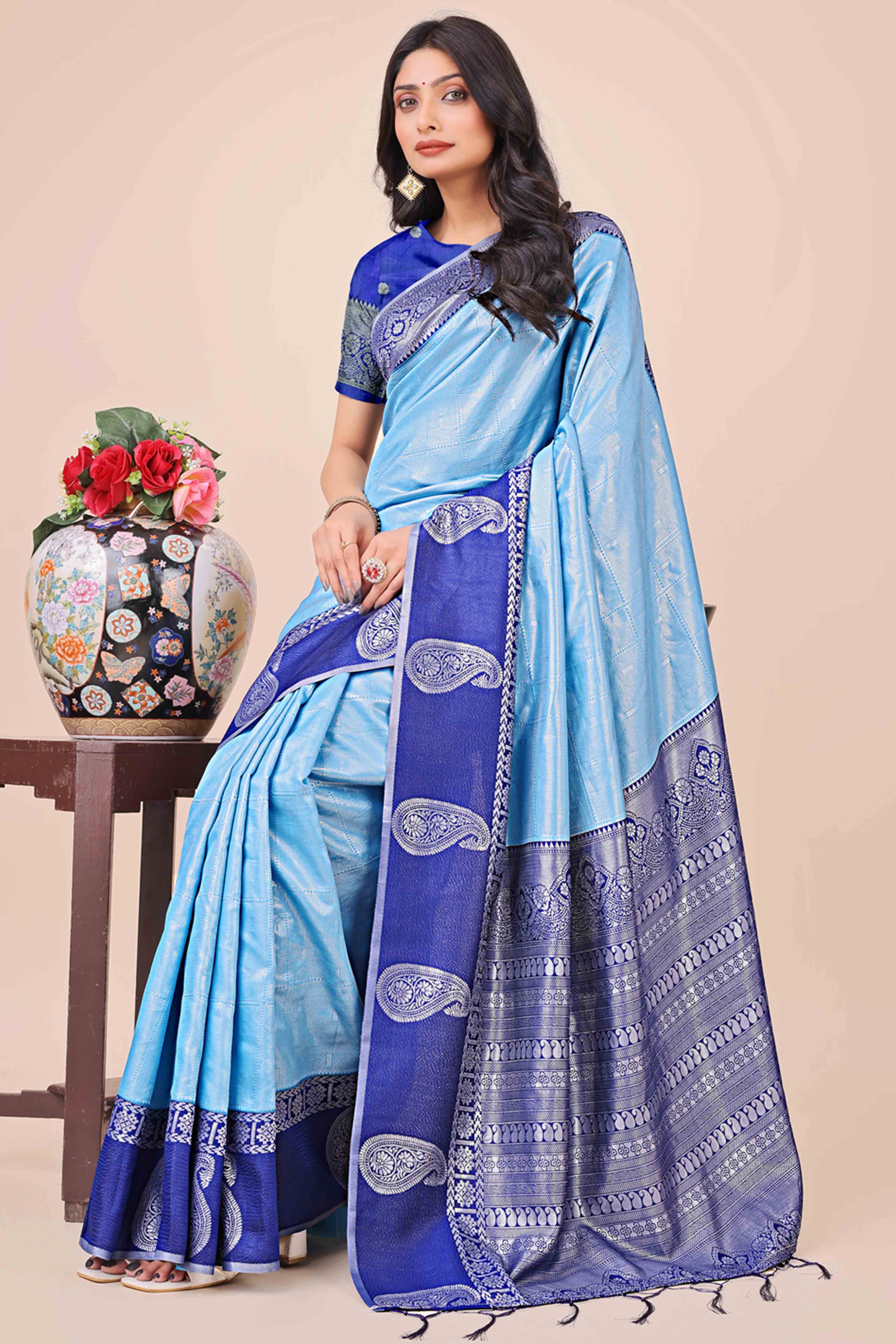 Sky Blue Lichi Silk Blend Saree With Intricate Paisley Zari Weave & Graceful Tassels