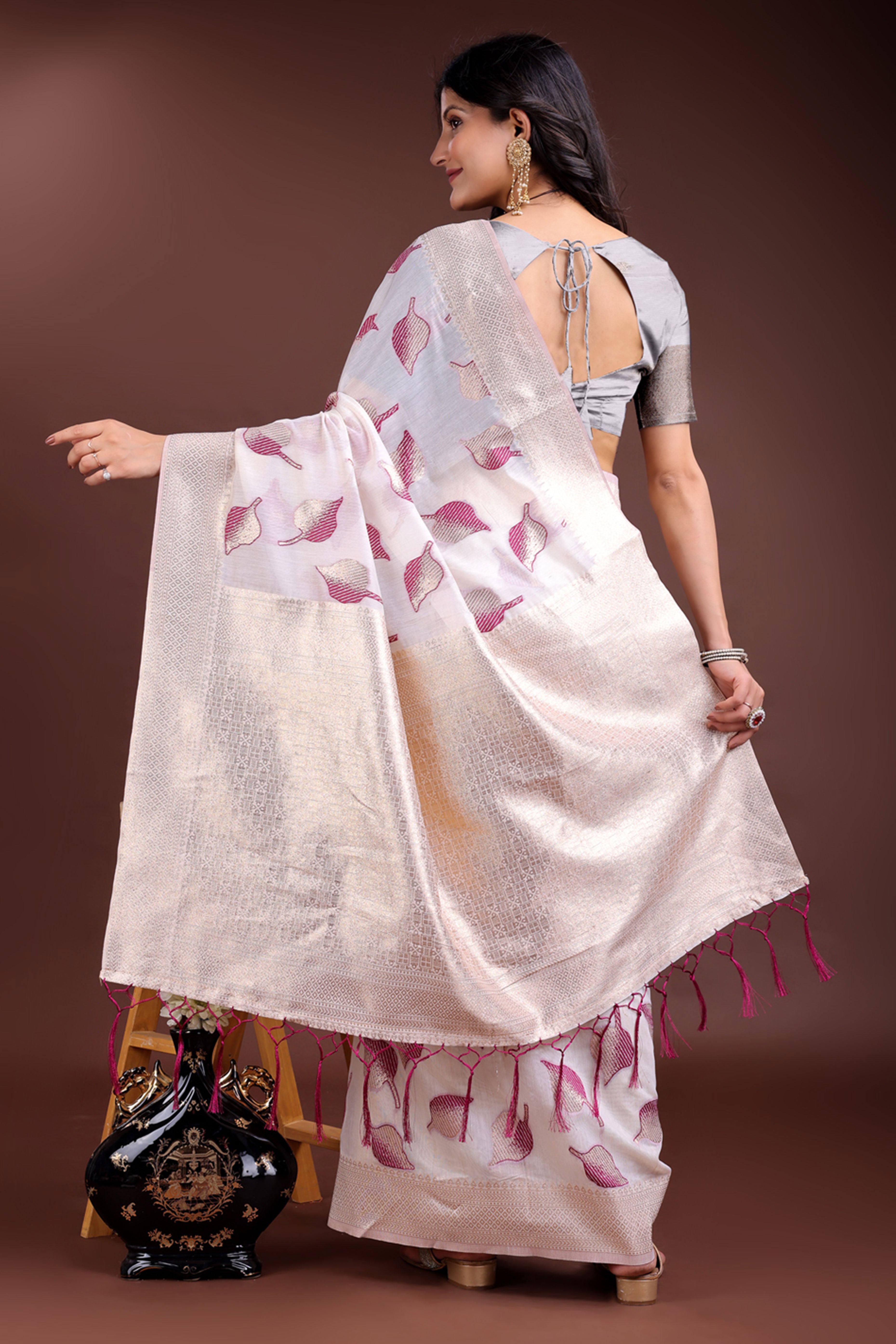 White and Purple Cotton Silk Saree with Leaf Motifs and Zari Border Tassel Finish