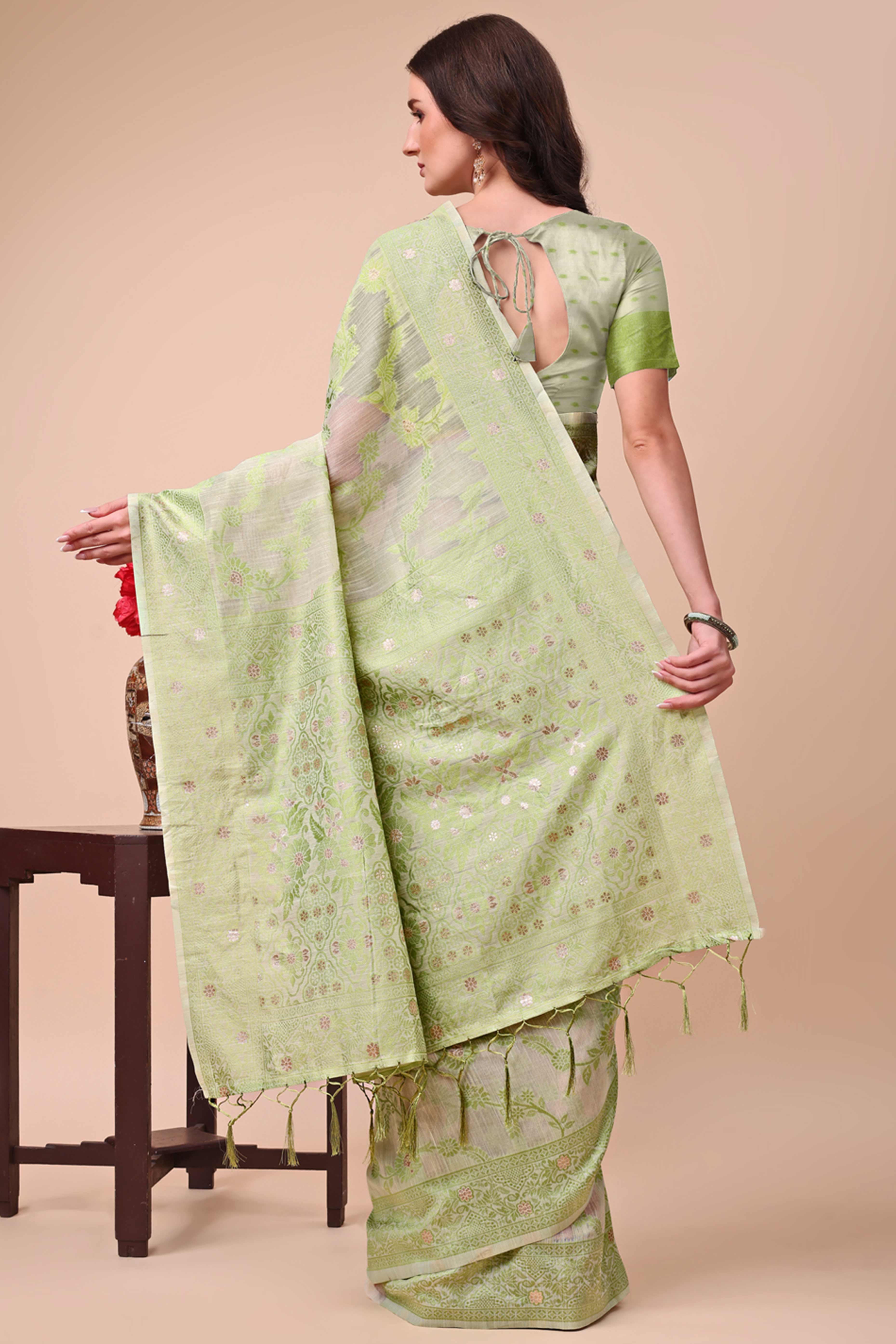 Light Green Floral Zari Woven Cotton Blend Saree With Delicate Tassel Detailing