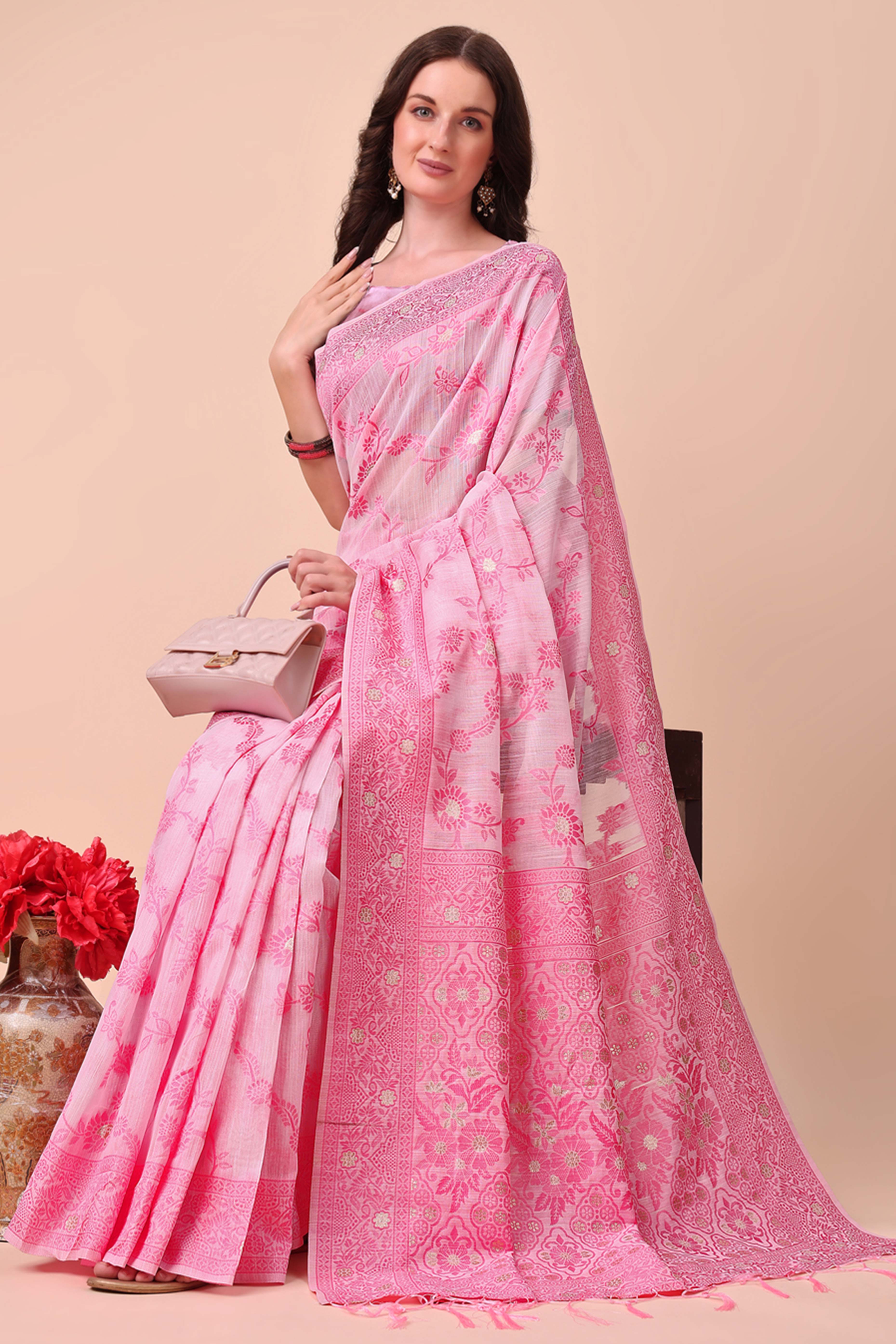 Pink Floral Zari Woven Cotton Blend Saree With Delicate Tassel Detailing