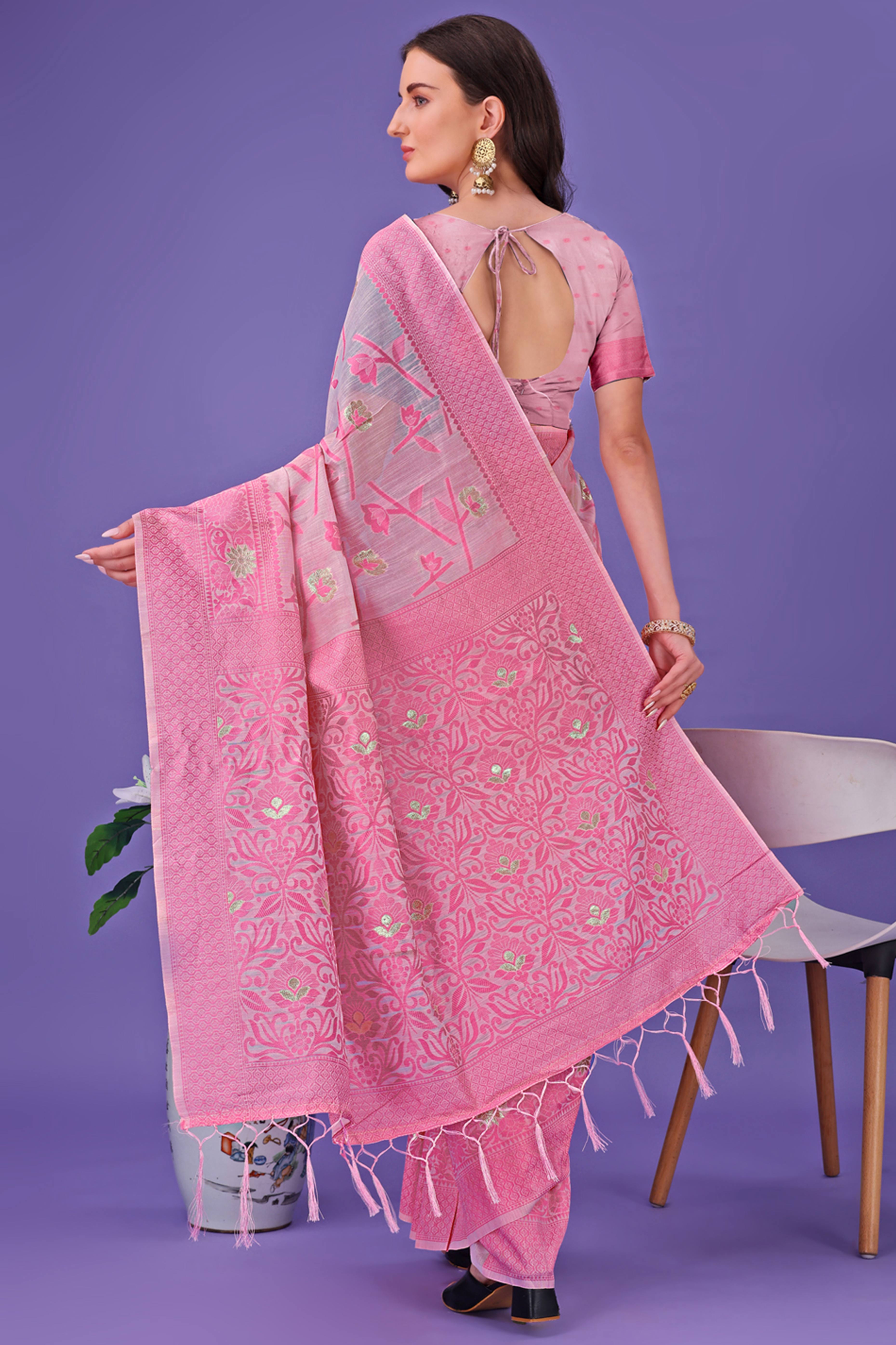 Light Pink Floral Pattern Woven Saree in a Soft Cotton Blend with Tasseled Edges