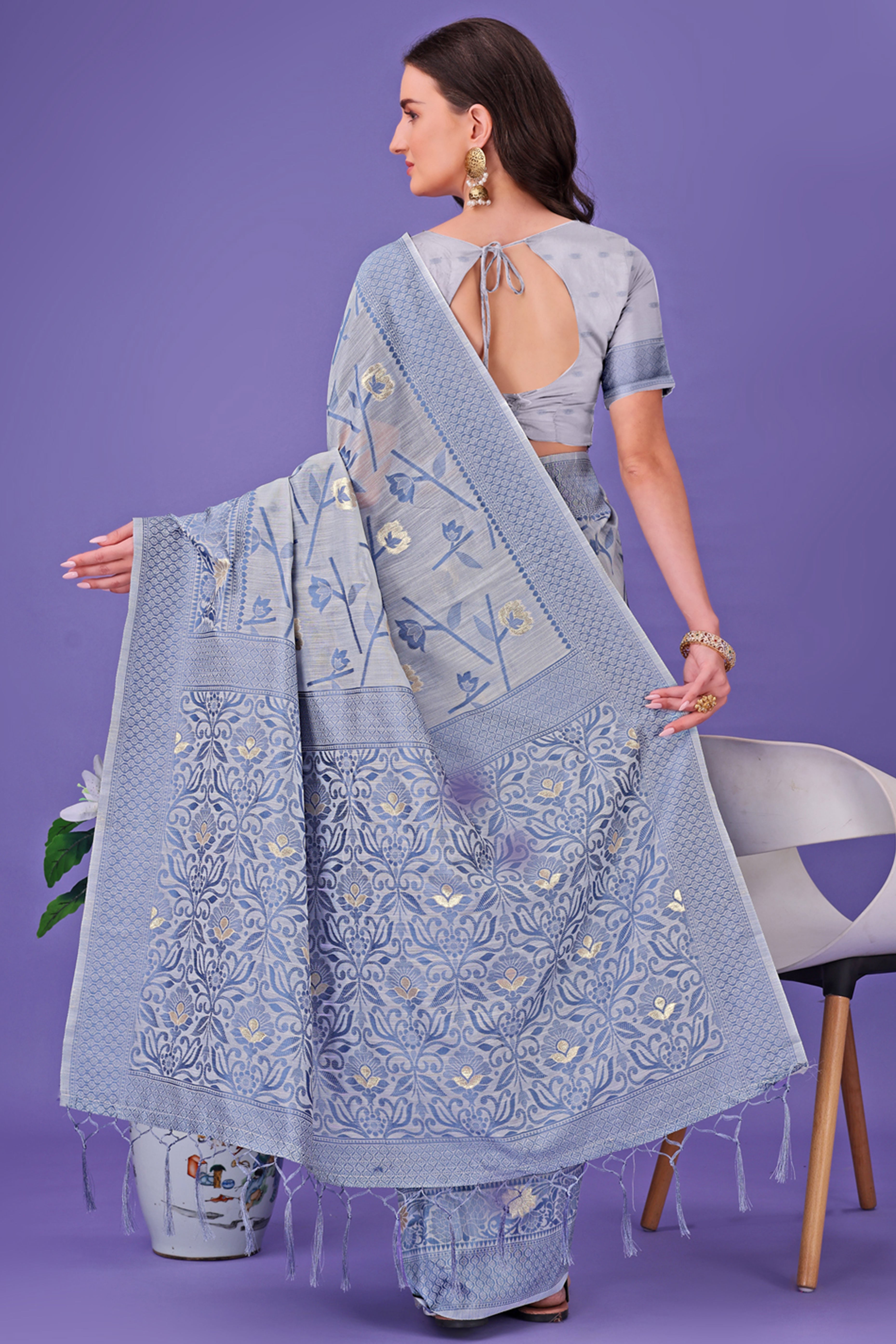 Grey Floral Pattern Woven Saree in a Soft Cotton Blend with Tasseled Edges