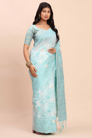 Sky Blue Floral Linen Cotton Saree Accented With Zari Weaving & Tassel Pallu Elegance
