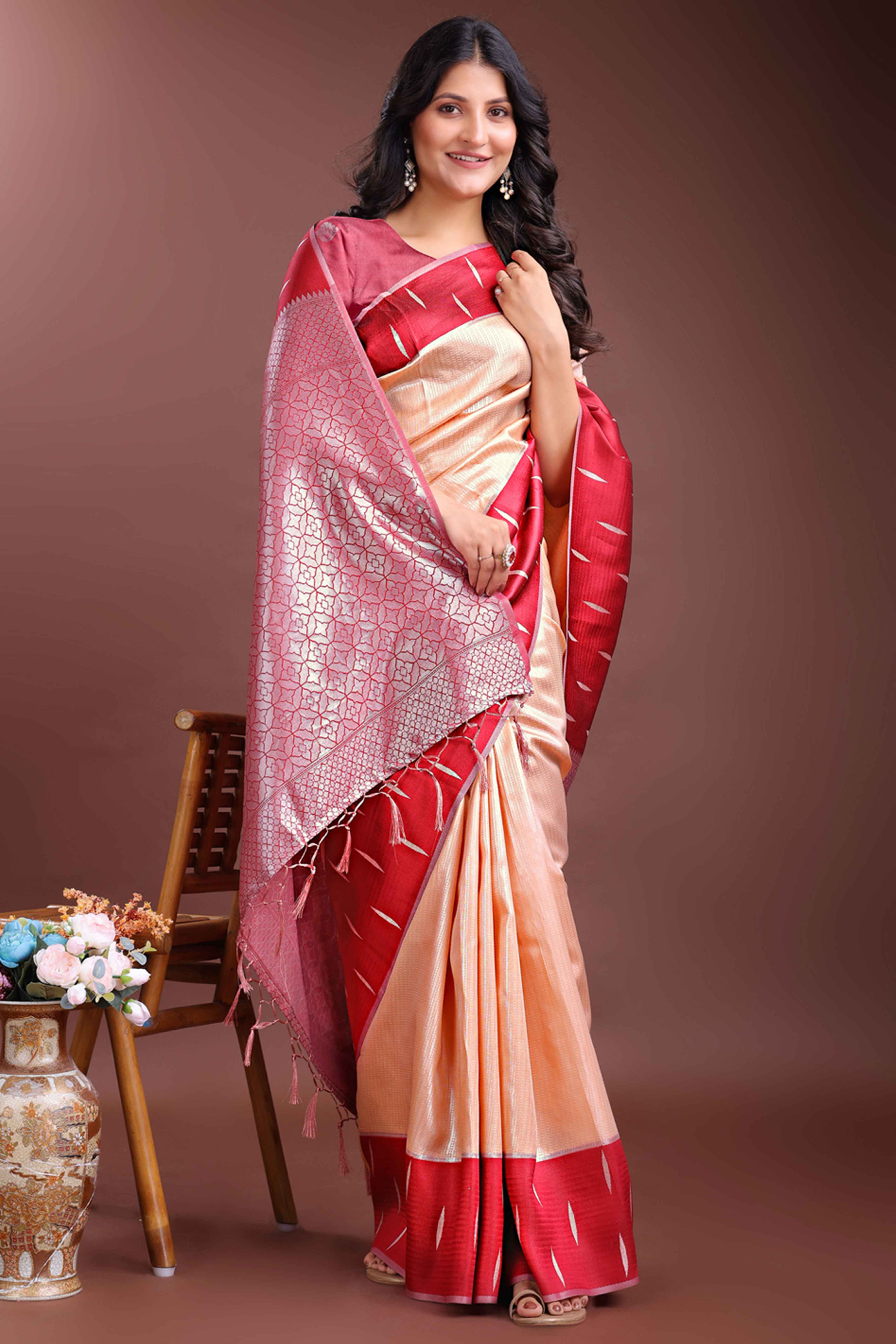 Radiant Light Orange Zari Weaving Silk Blend Saree of Timeless Elegance