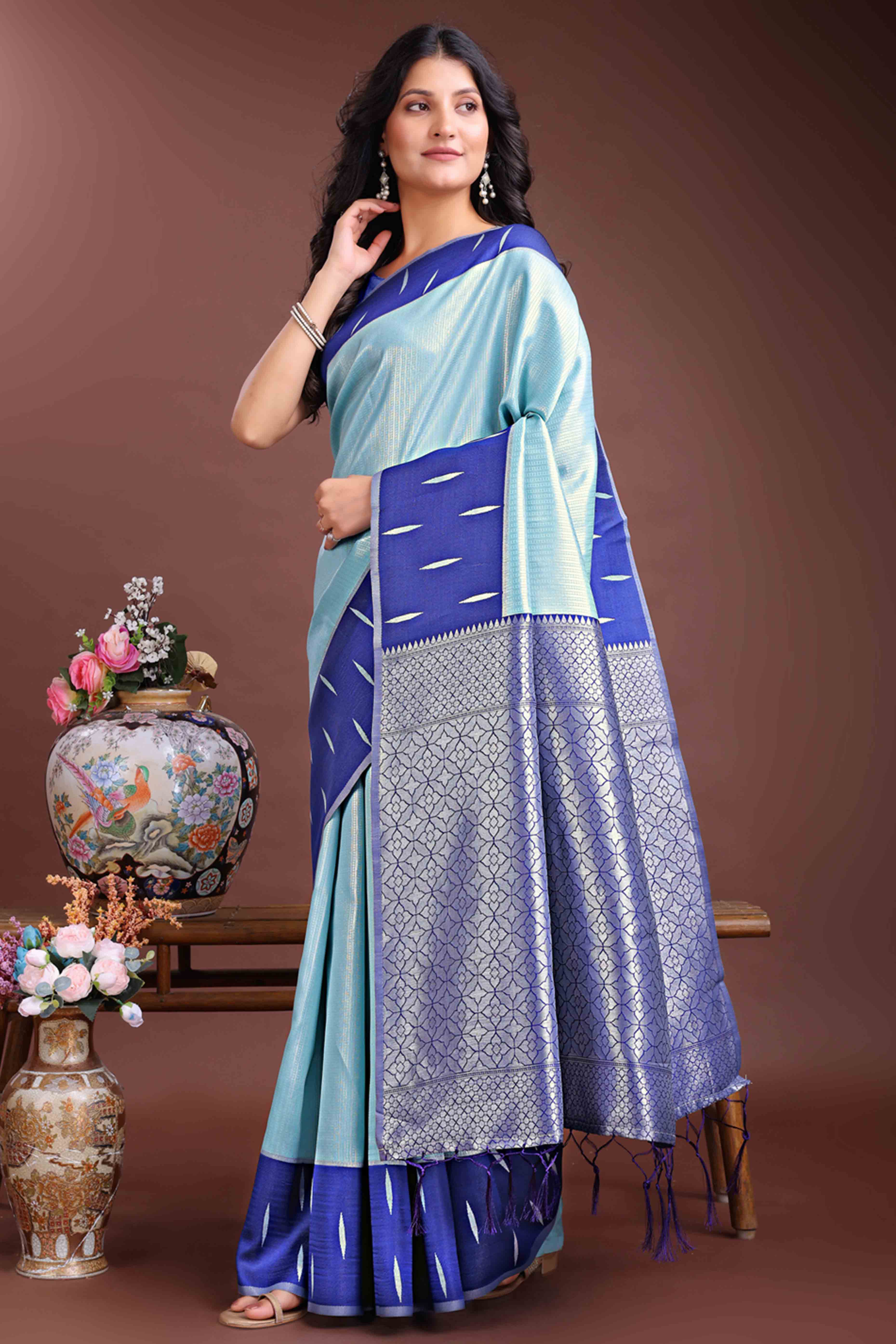 Tranquil Aqua Blue Zari Weaving Silk Blend Saree of Oceanic Serenity
