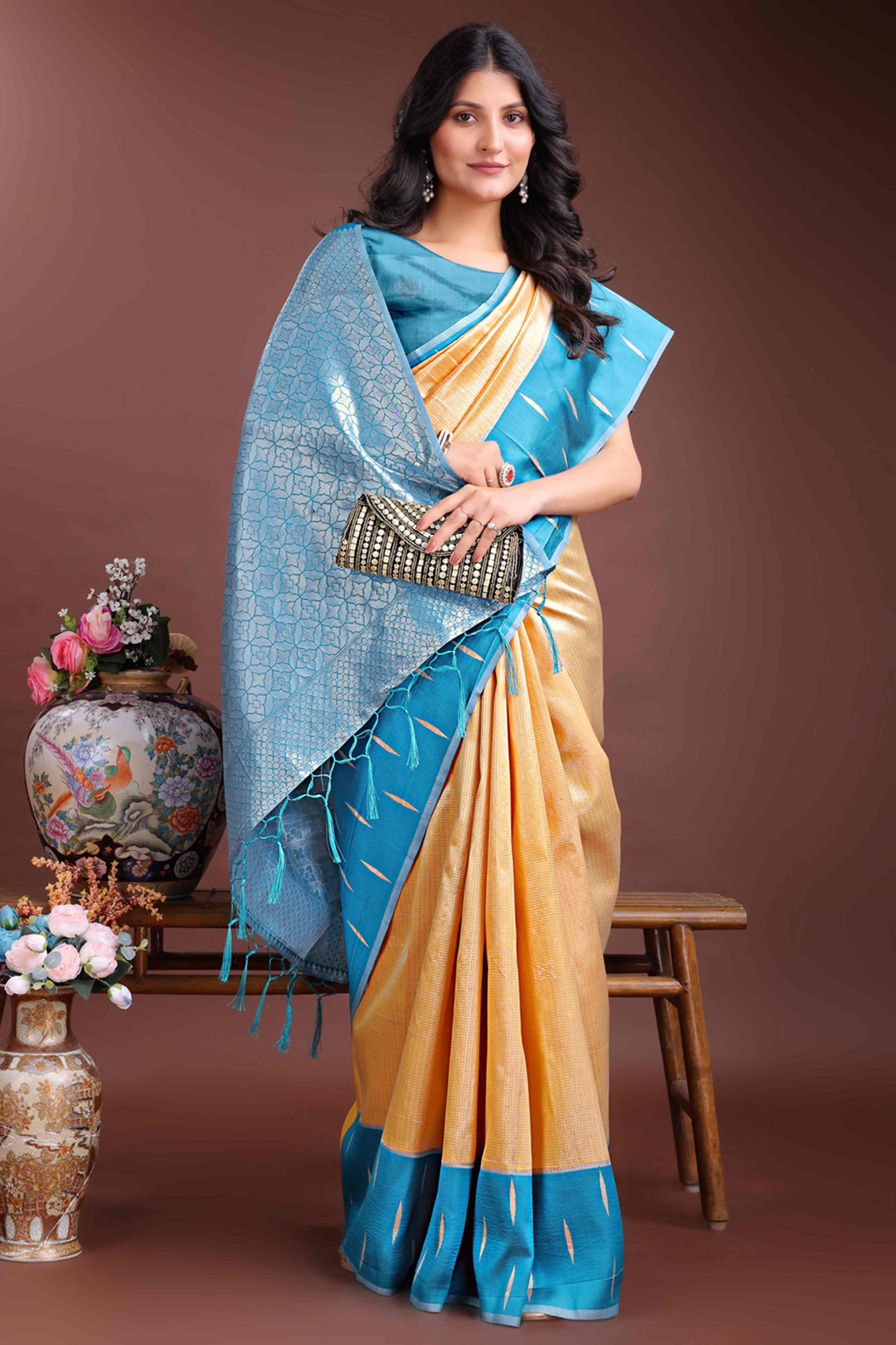 Vibrant Mustard Zari Weaving Silk Blend Saree with Golden Splendor