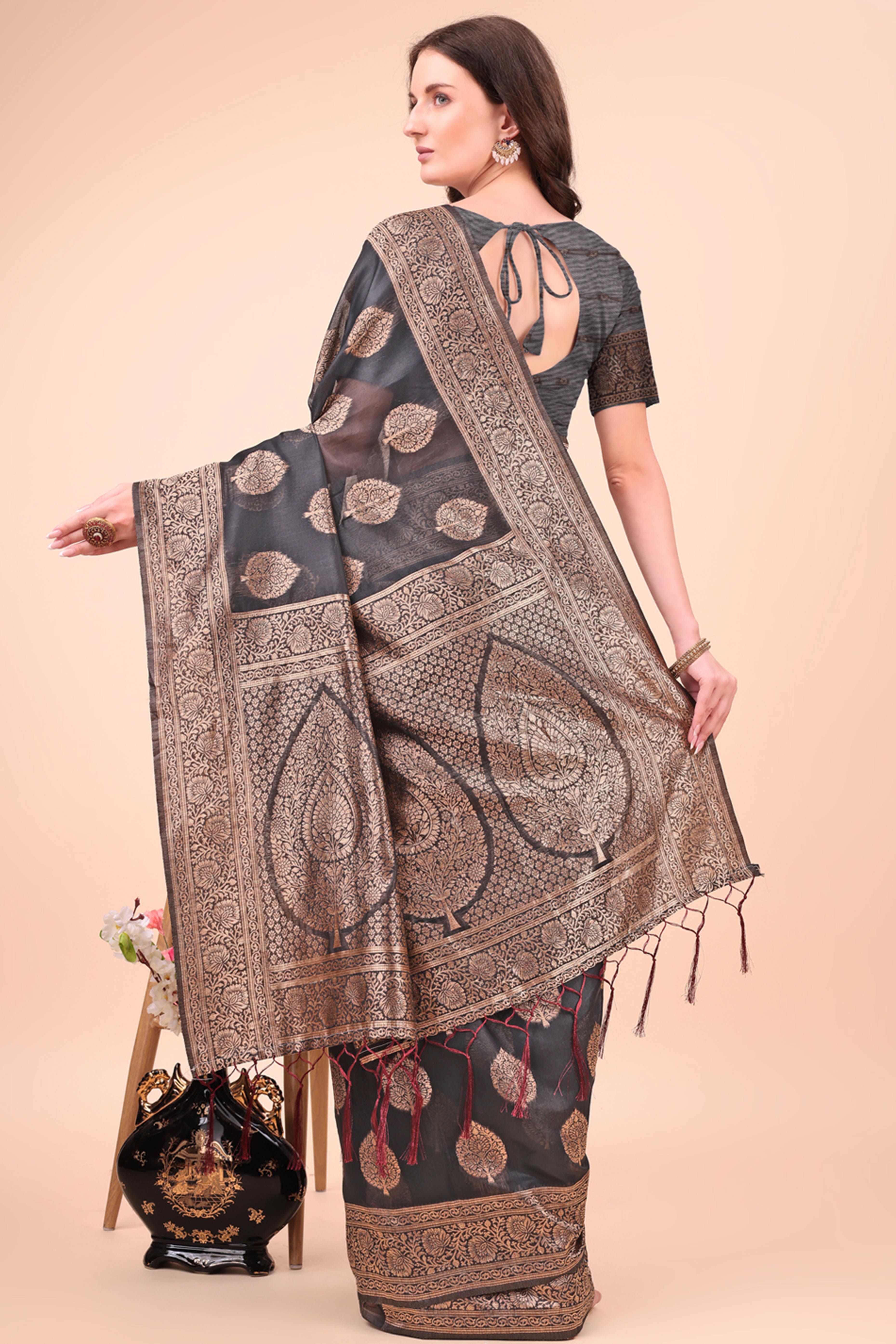 Black Cotton Blend Saree With Intricate Floral Zari Weaving & Elegant Tassel Accents