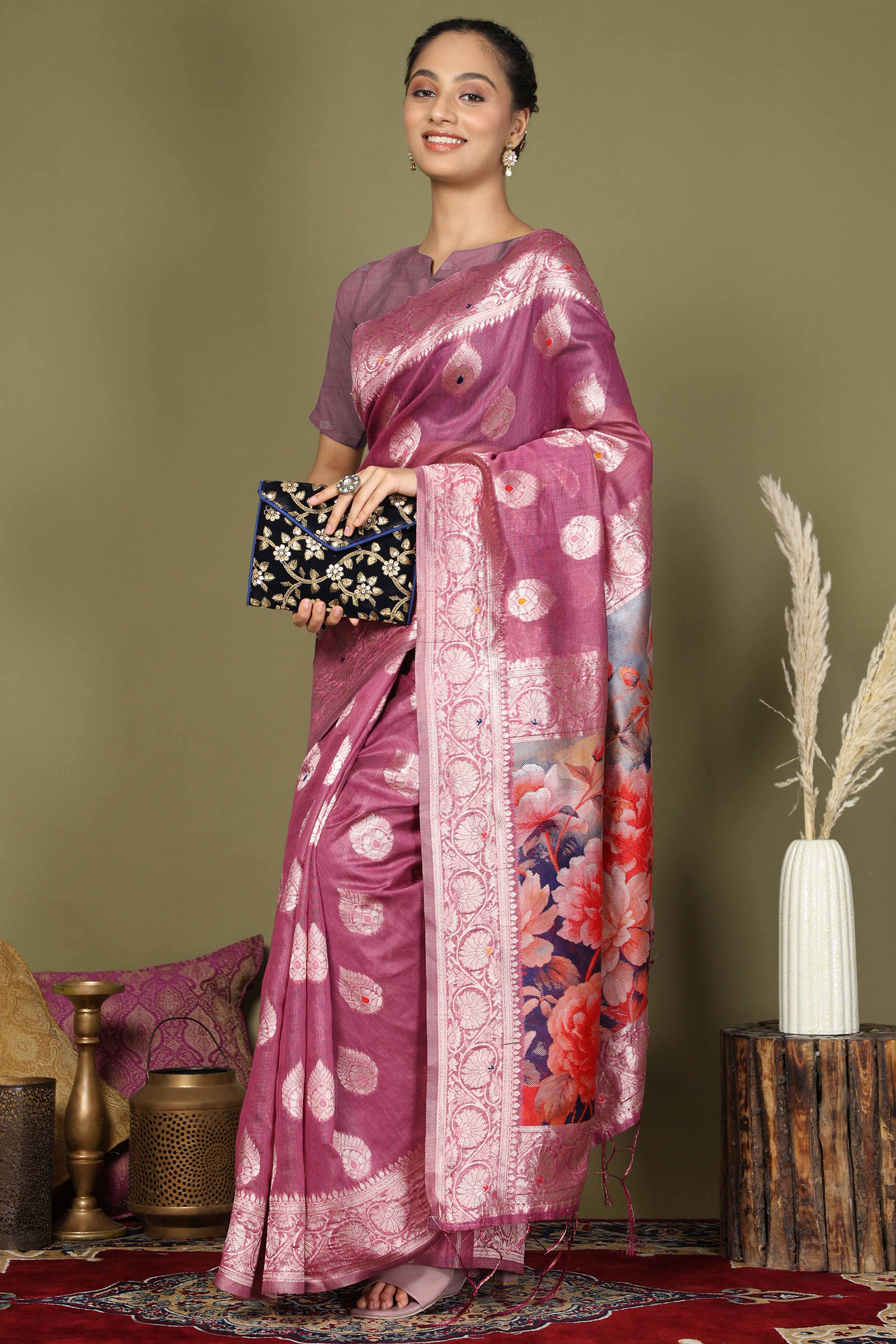 Onion Pink Saree In Linen Cotton Featuring Floral Zari Weaving & Digital Printed Pallu
