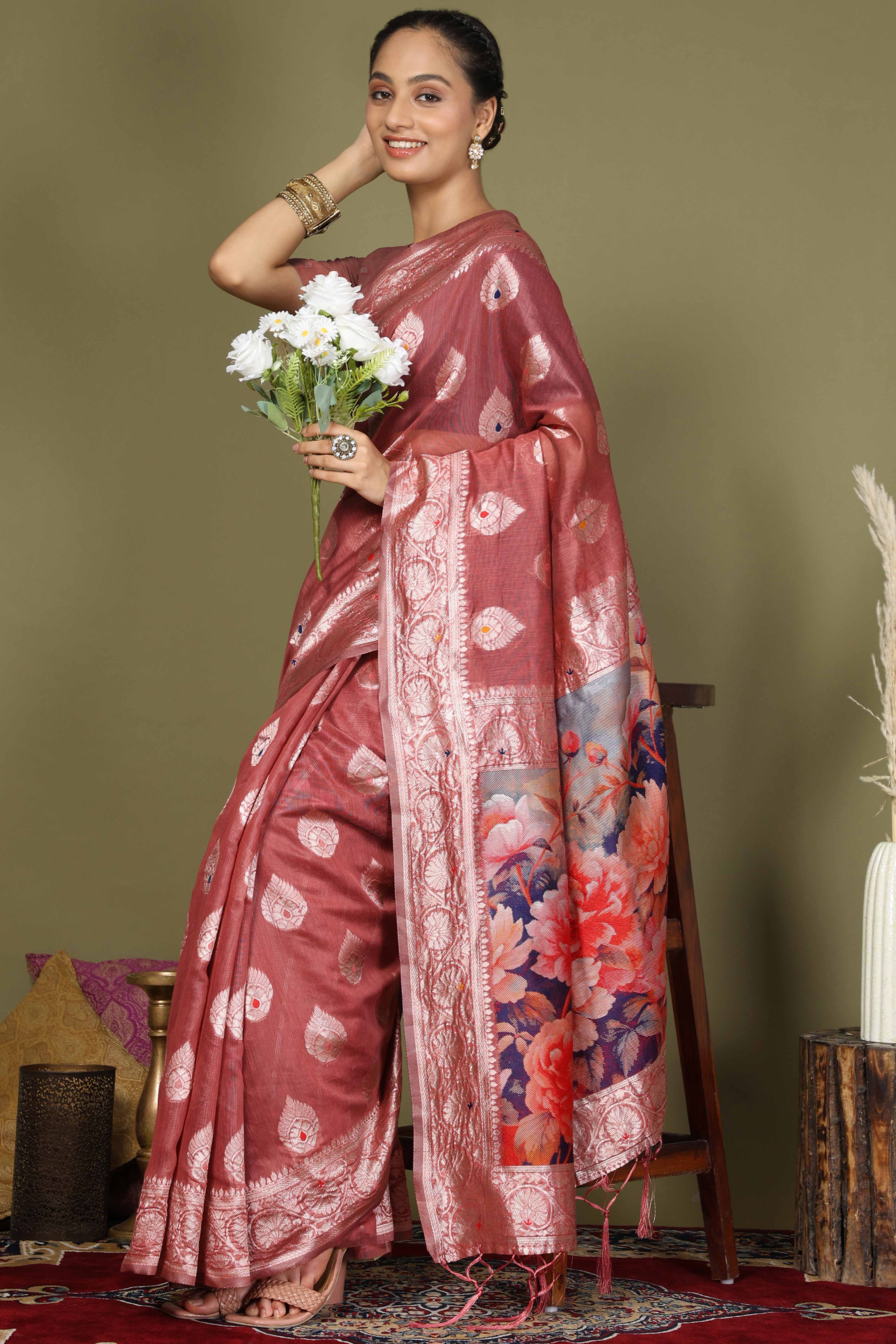 Rust Saree In Linen Cotton Featuring Floral Zari Weaving & Digital Printed Pallu