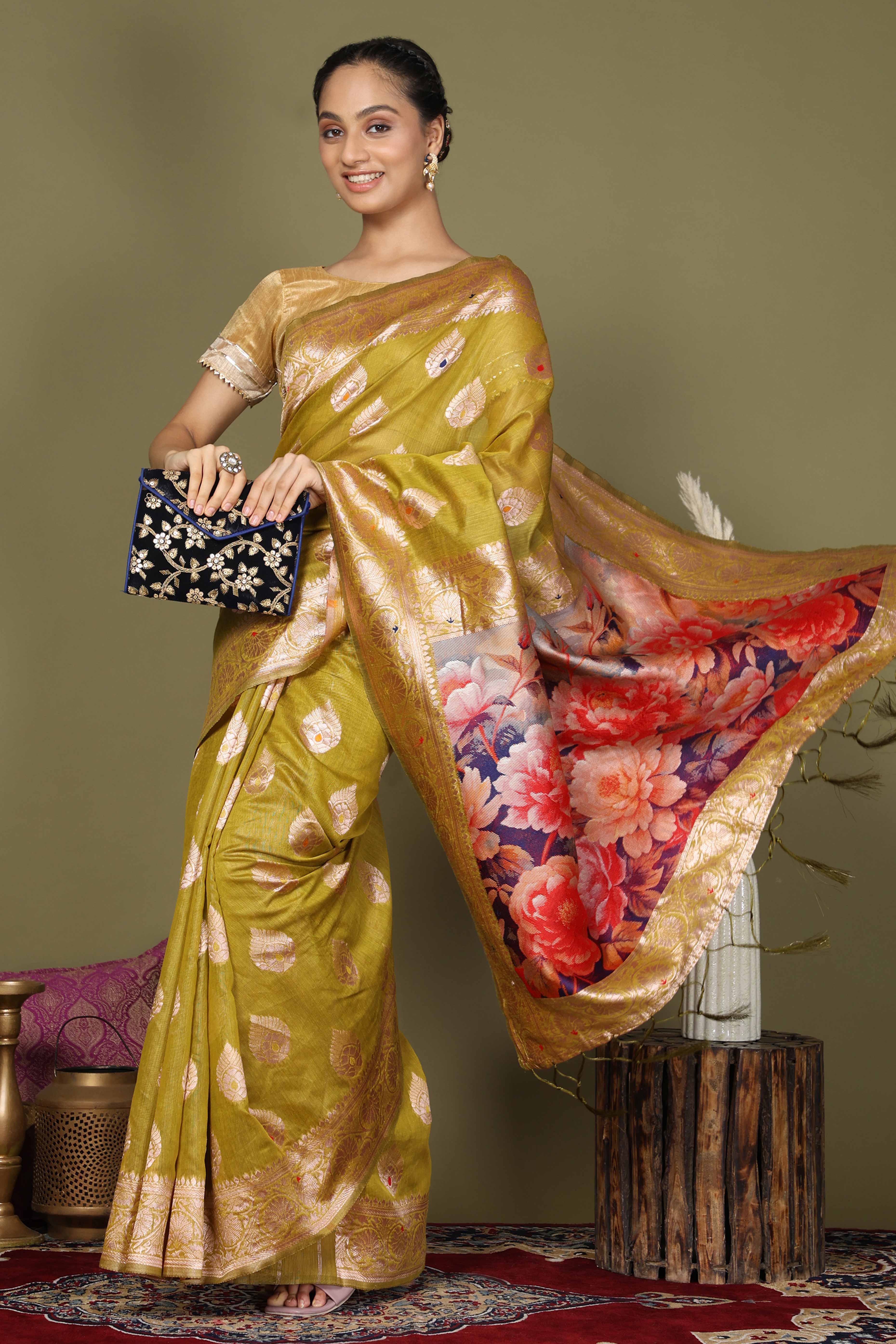 Mehendi Green Saree In Linen Cotton Featuring Floral Zari Weaving & Digital Printed Pallu
