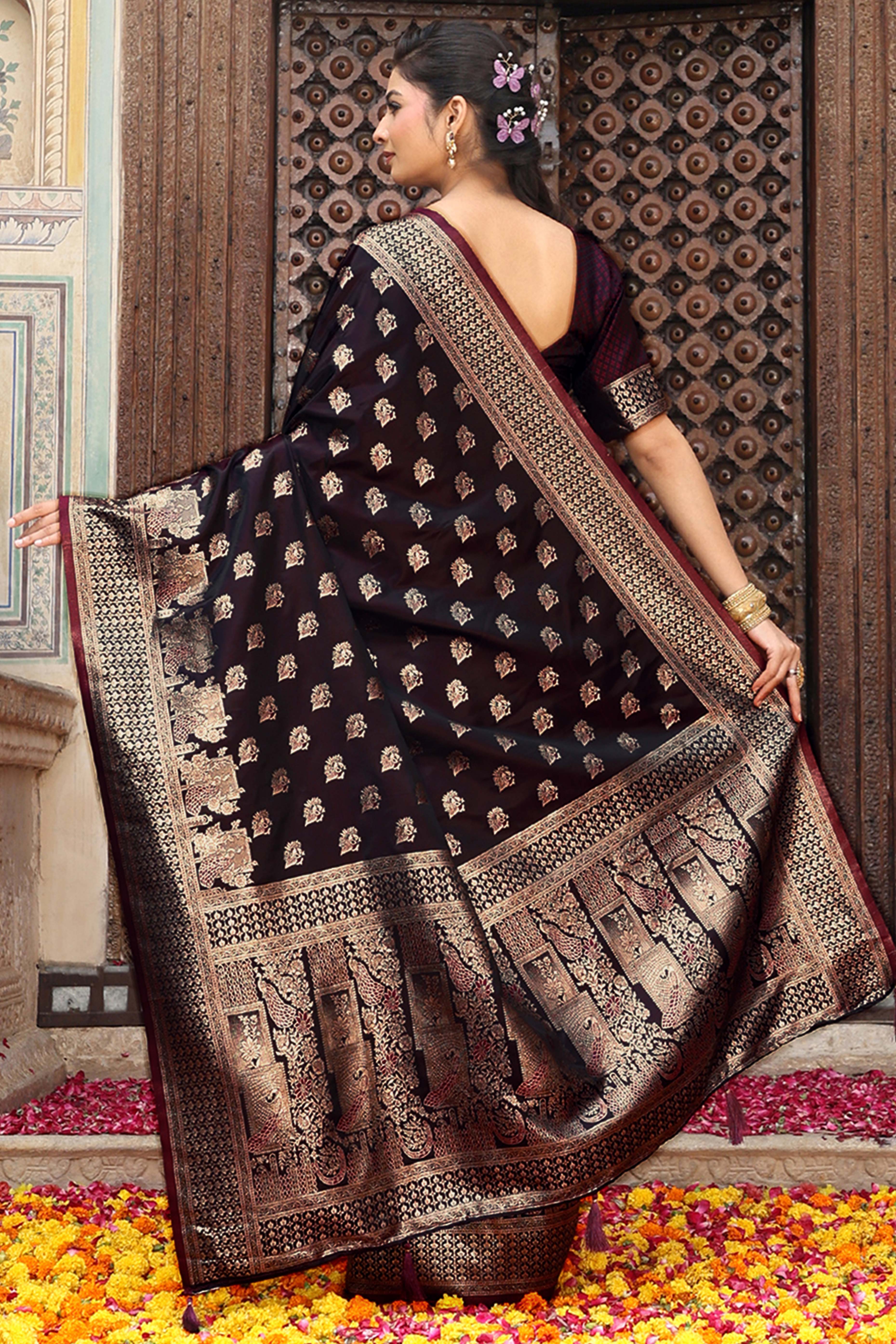 Designer Wine Saree Showcasing Peacock & Floral Zari Weaving With Handmade Tassel Pallu