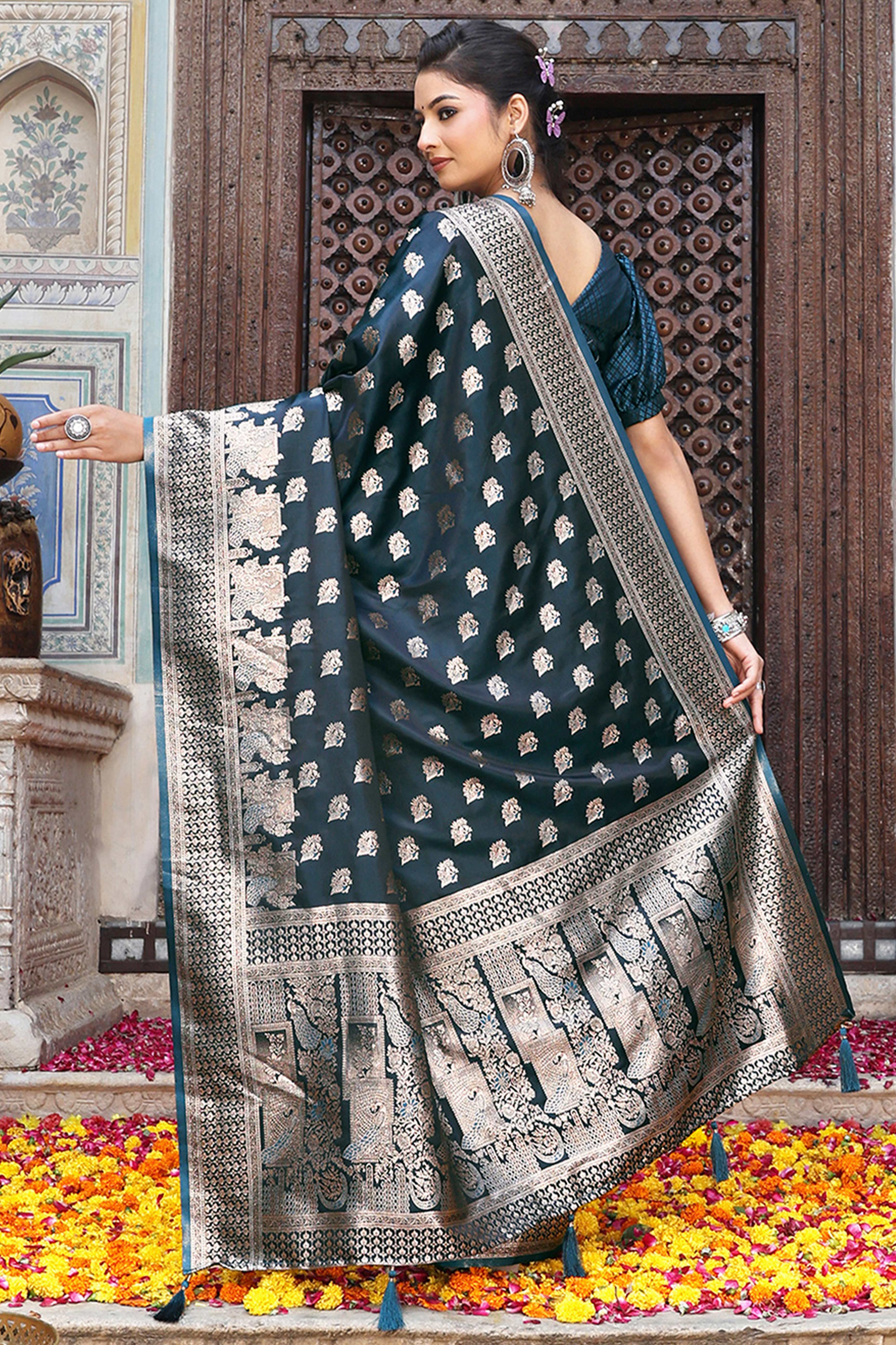 Designer Morpich Blue Saree Showcasing Peacock & Floral Zari Weaving With Handmade Tassel Pallu