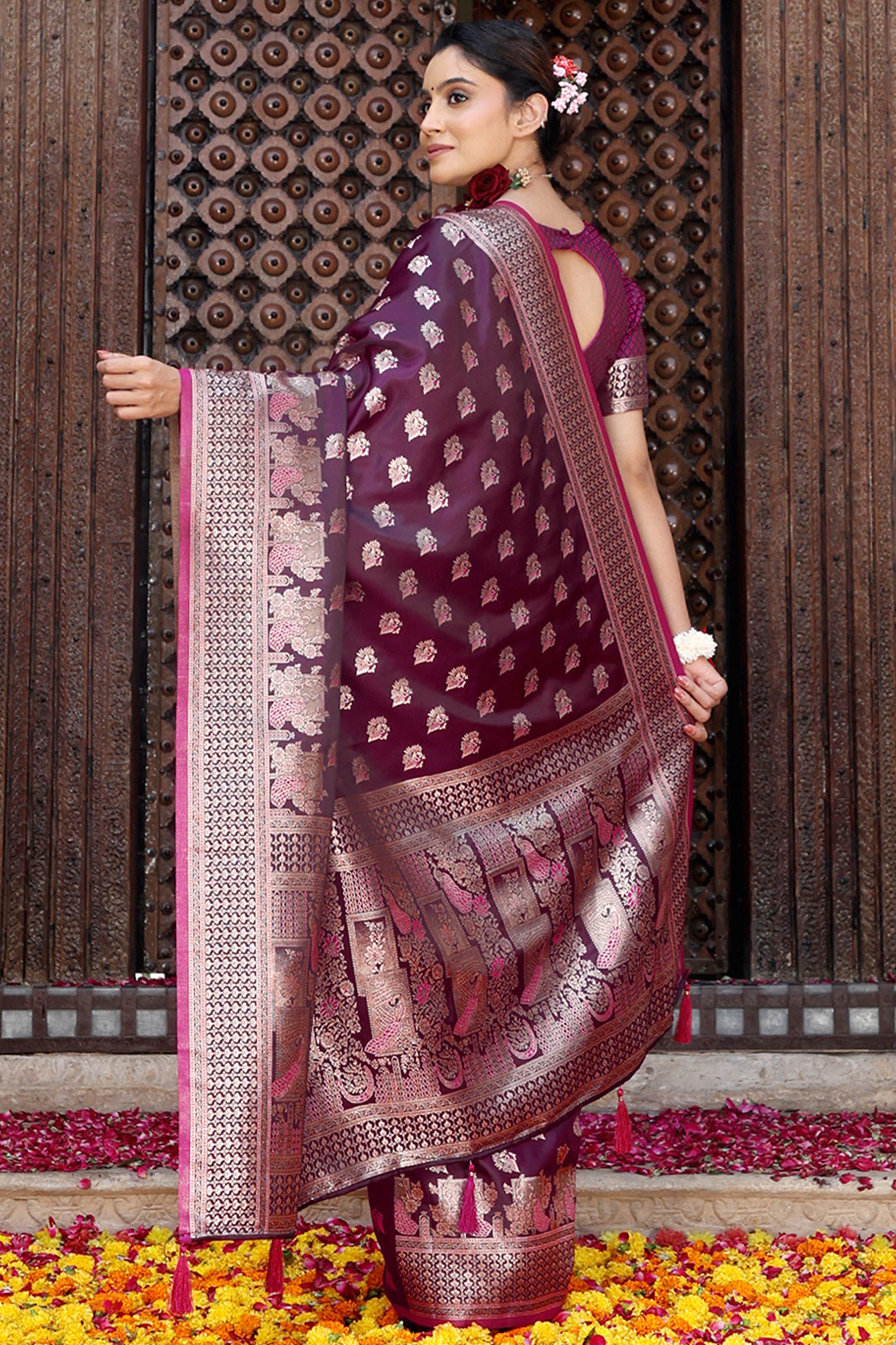 Designer Purple Saree Showcasing Peacock & Floral Zari Weaving With Handmade Tassel Pallu