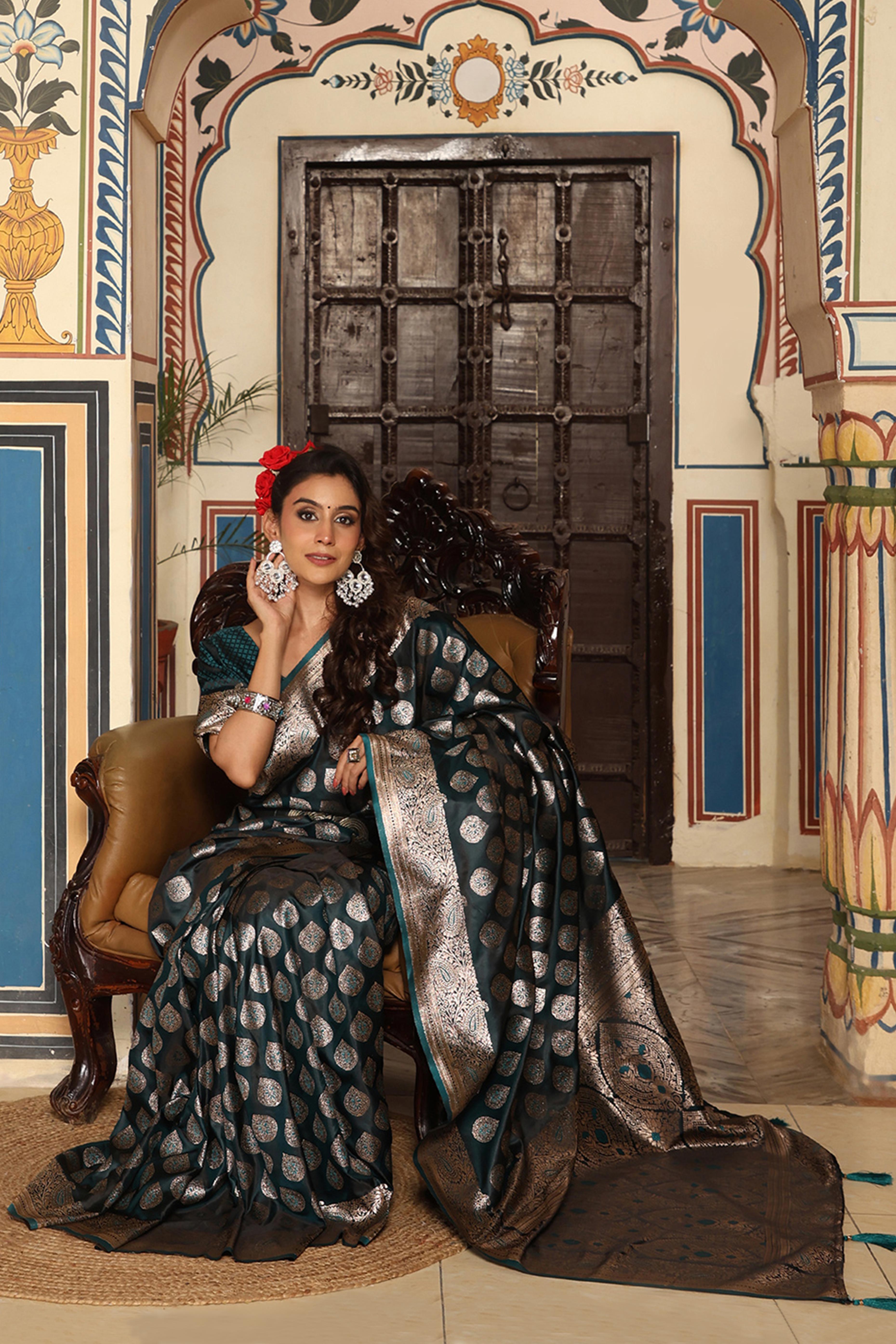 Festive Morpich Green Saree in Silk Blend with Exquisite Zari Weaving Work