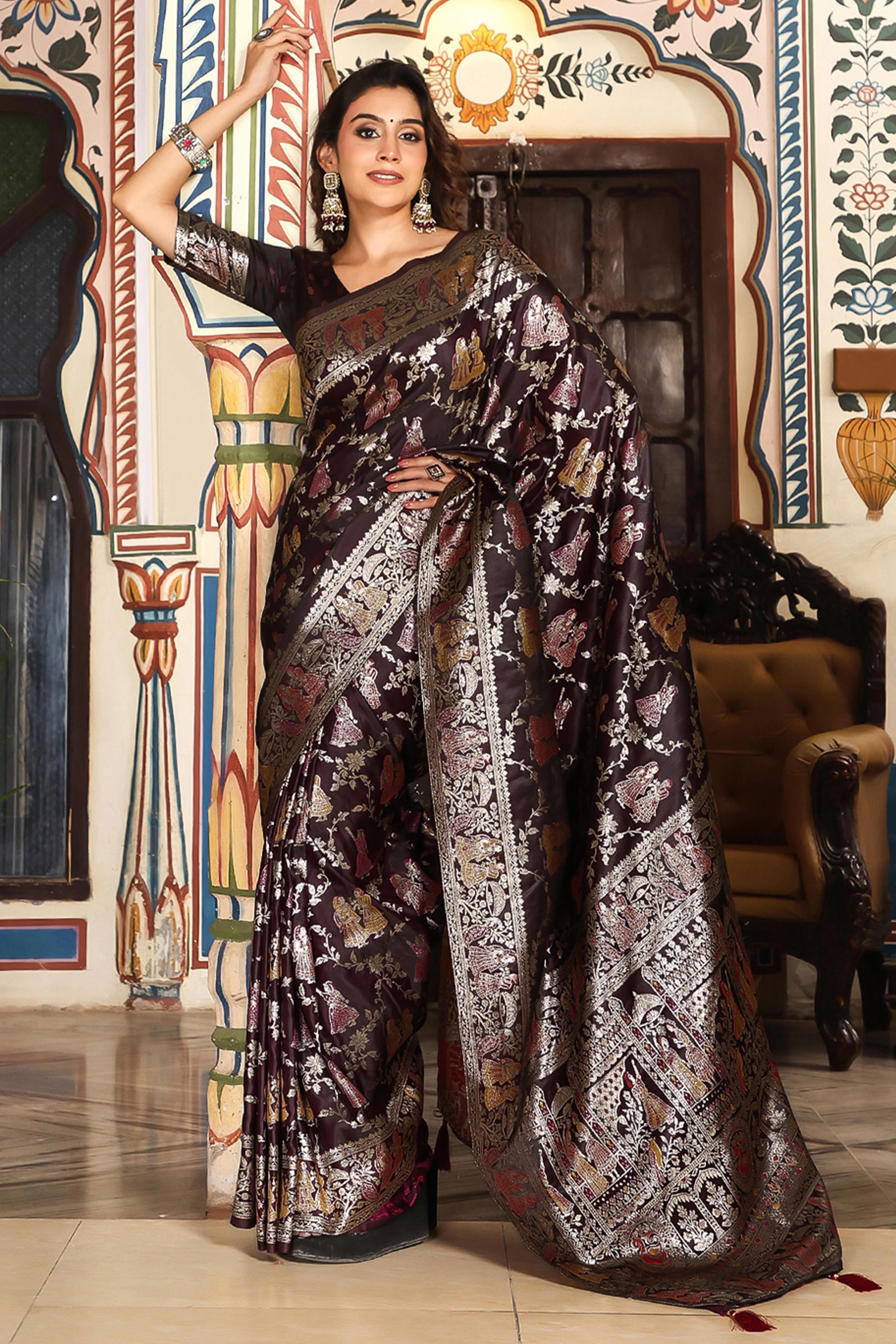 Luxurious Drak Maroon Silk Blend Saree With Intricate Floral Zari Weaving & Tassel Pallu