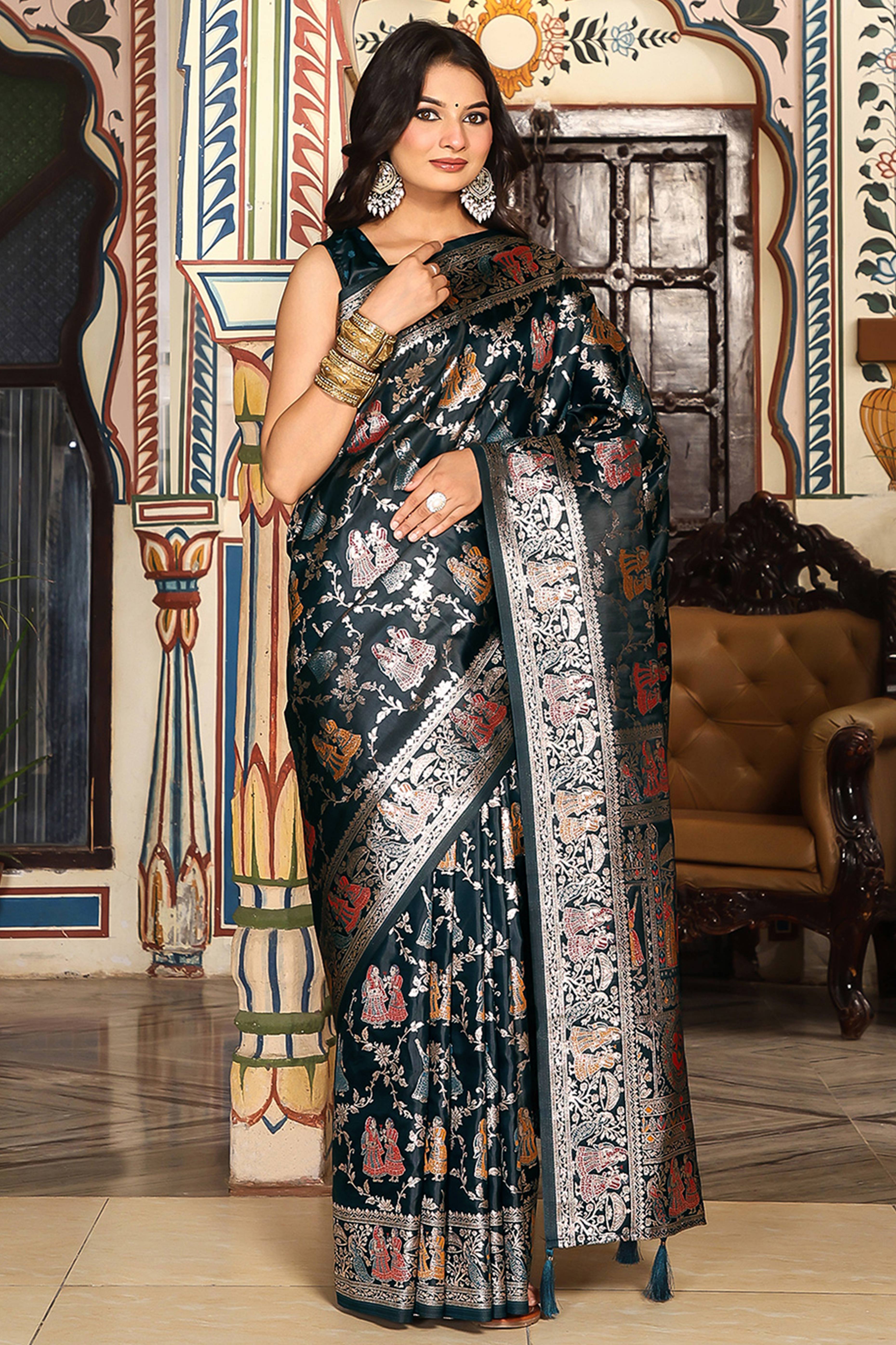 Luxurious Dark Teal Silk Blend Saree With Intricate Floral Zari Weaving & Tassel Pallu