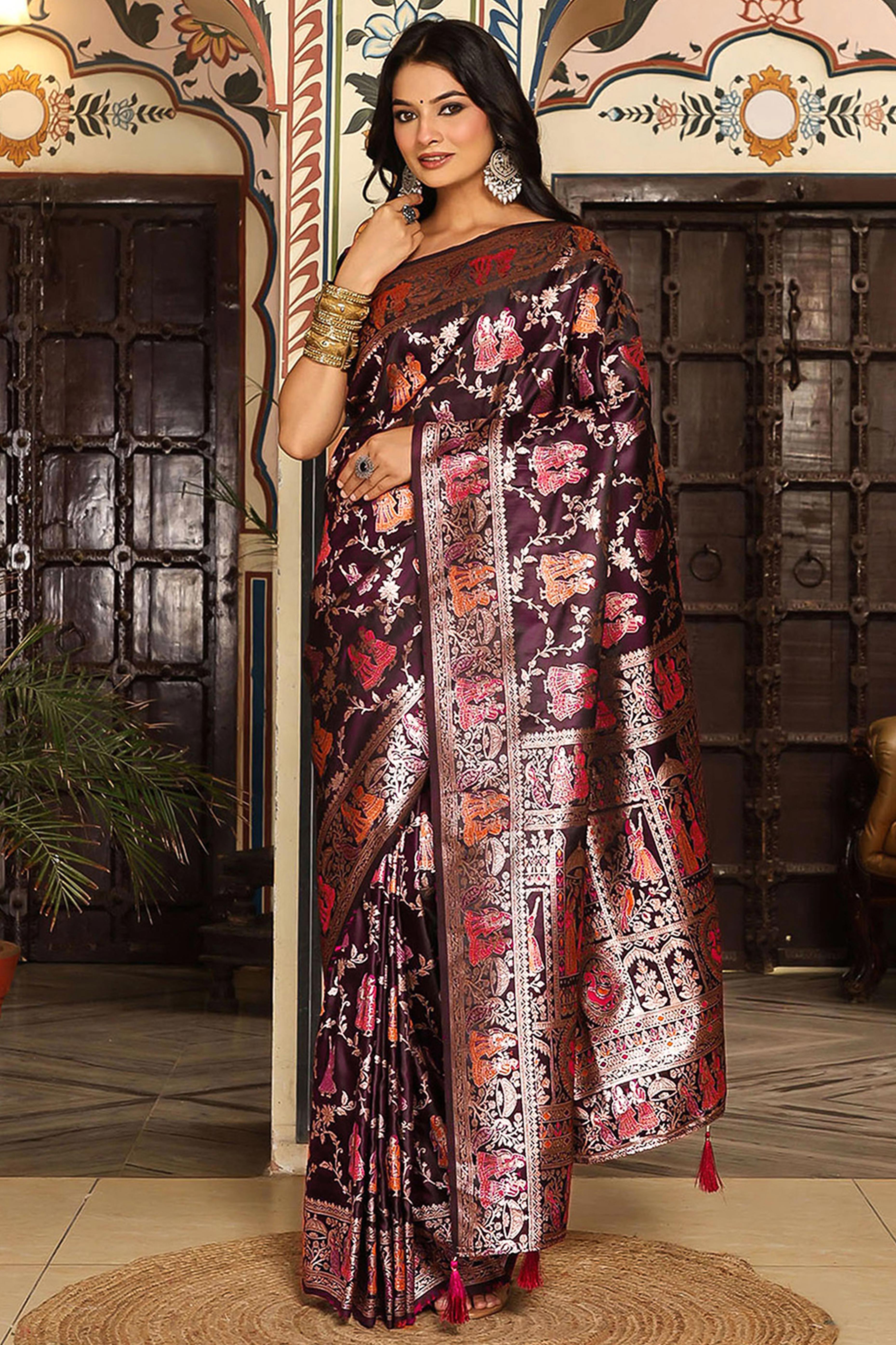 Luxurious Wine Silk Blend Saree With Intricate Floral Zari Weaving & Tassel Pallu