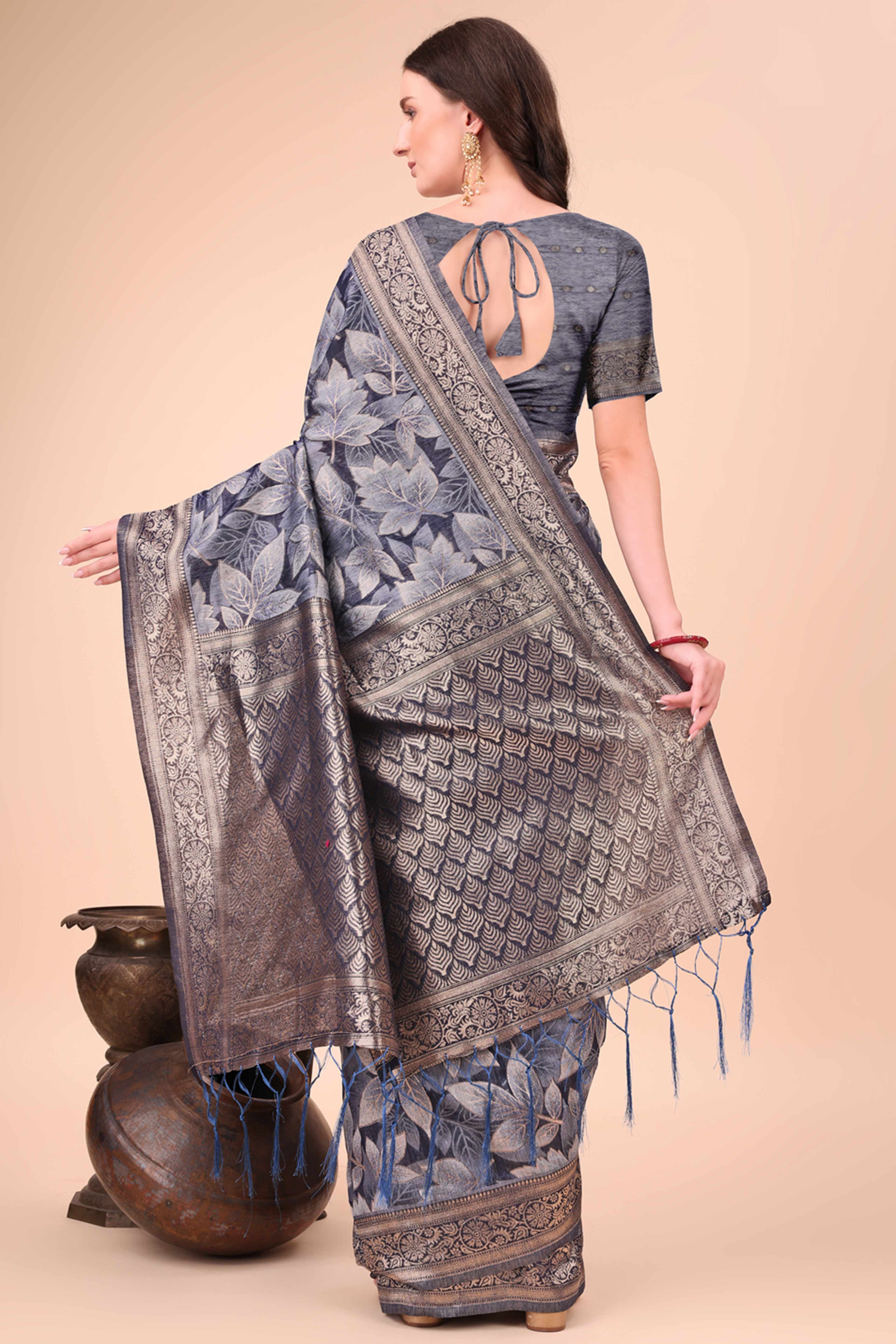 Navy Blue Floral Zari Woven Cotton Blend Saree With Soft Tassel Edging