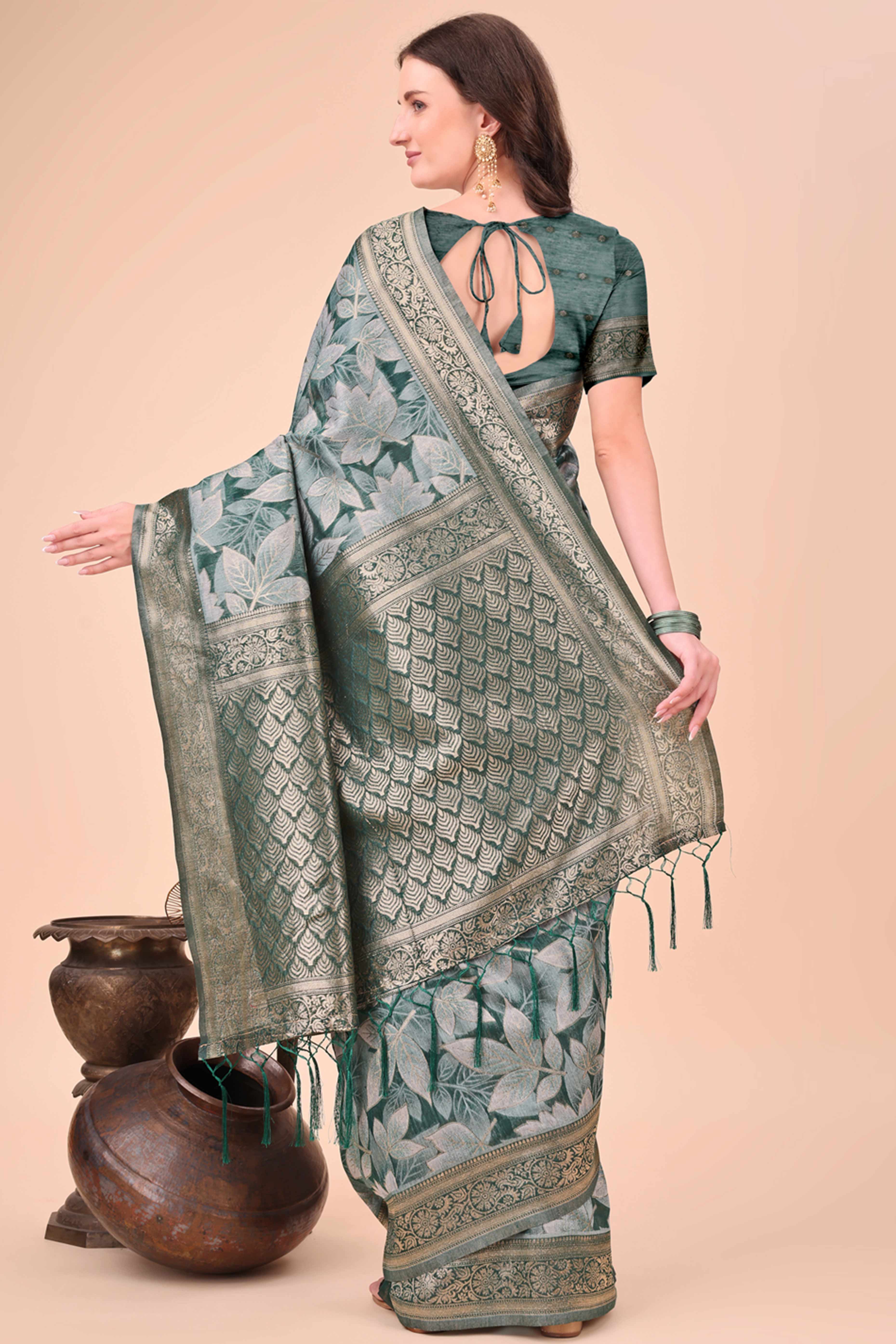 Green Floral Zari Woven Cotton Blend Saree With Soft Tassel Edging