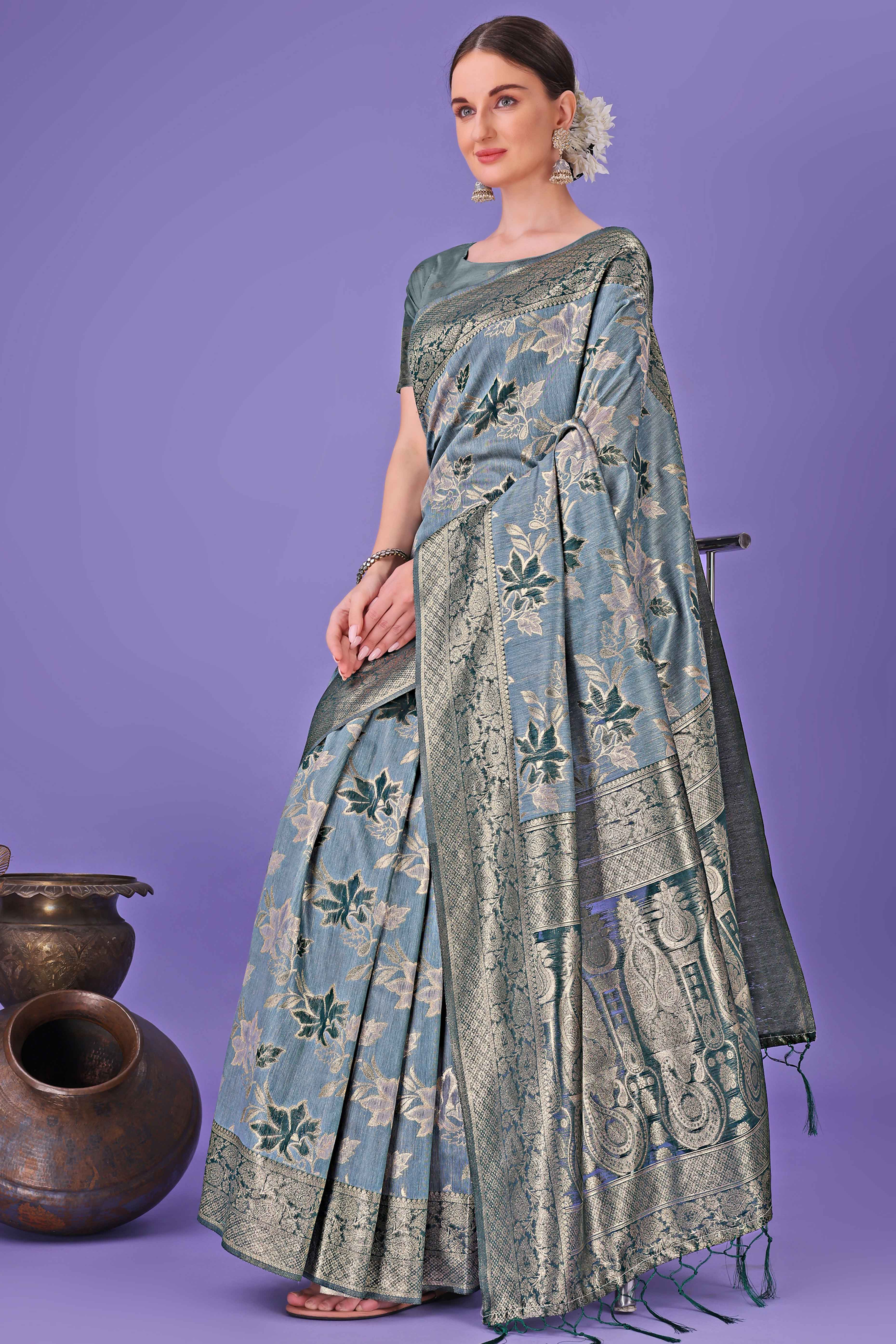Teal Floral Zari Woven Saree in a Lustrous Cotton Silk Blend