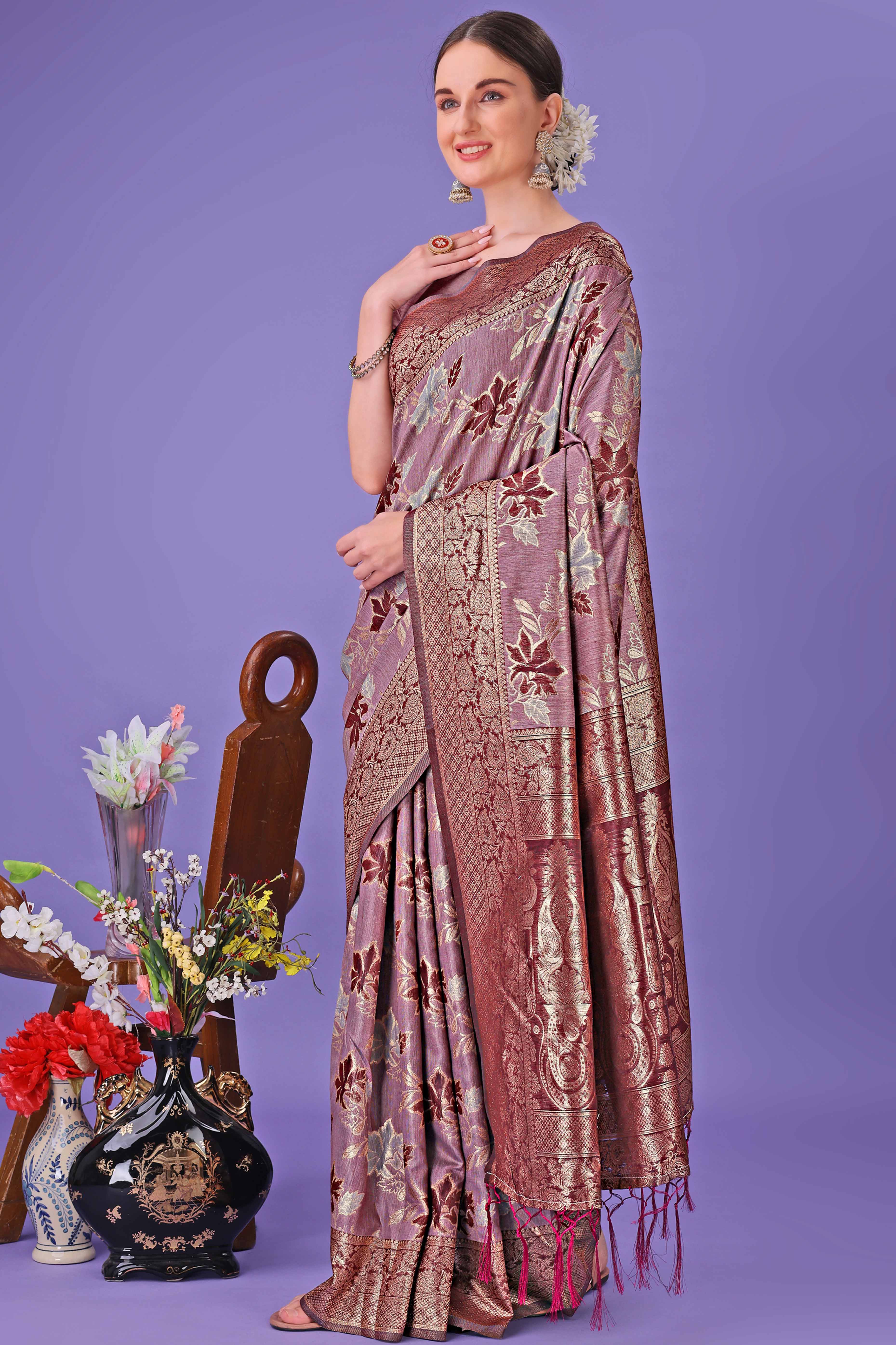 Maroon Floral Zari Woven Saree in a Lustrous Cotton Silk Blend