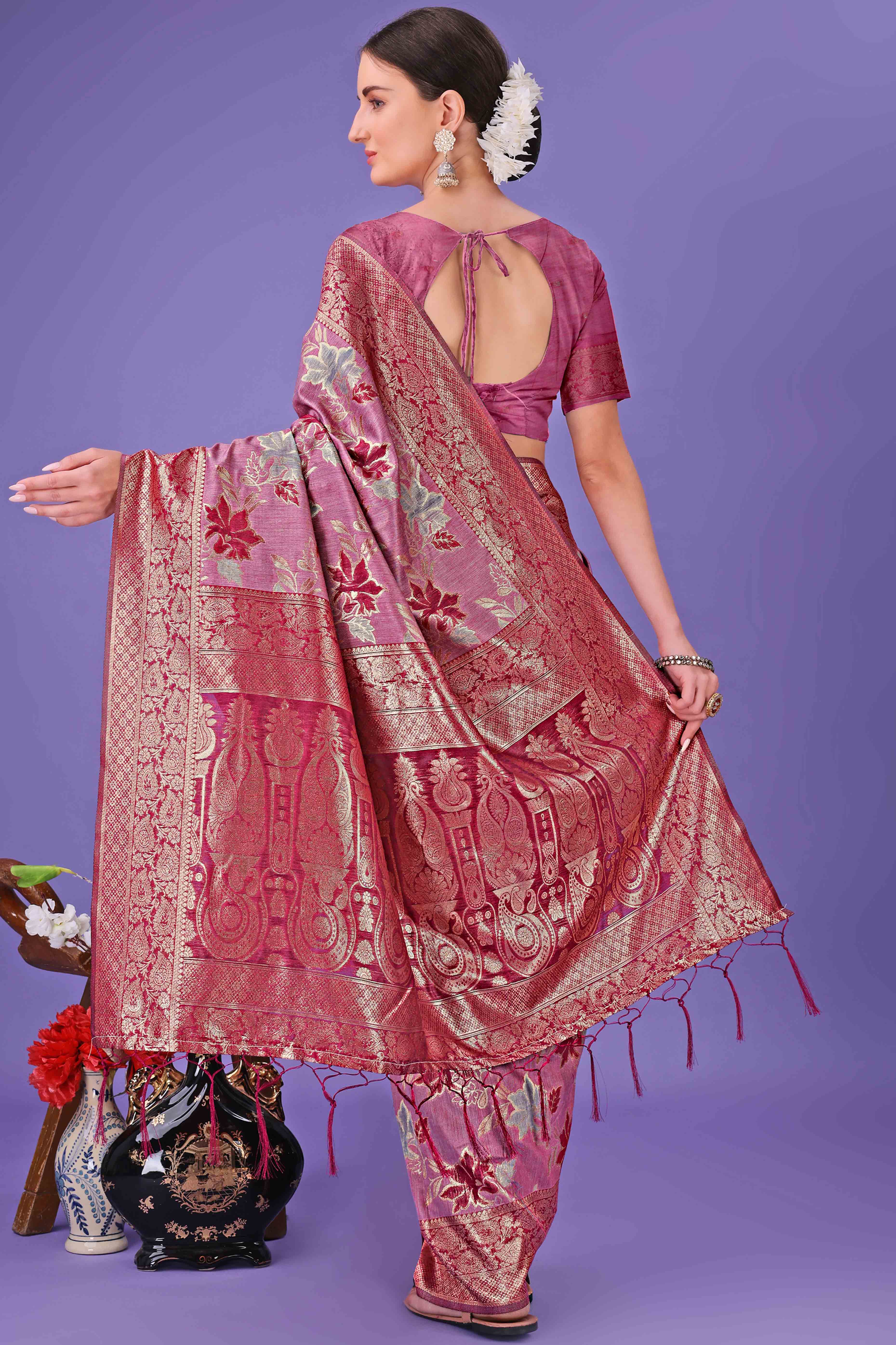 Pink Floral Zari Woven Saree in a Lustrous Cotton Silk Blend