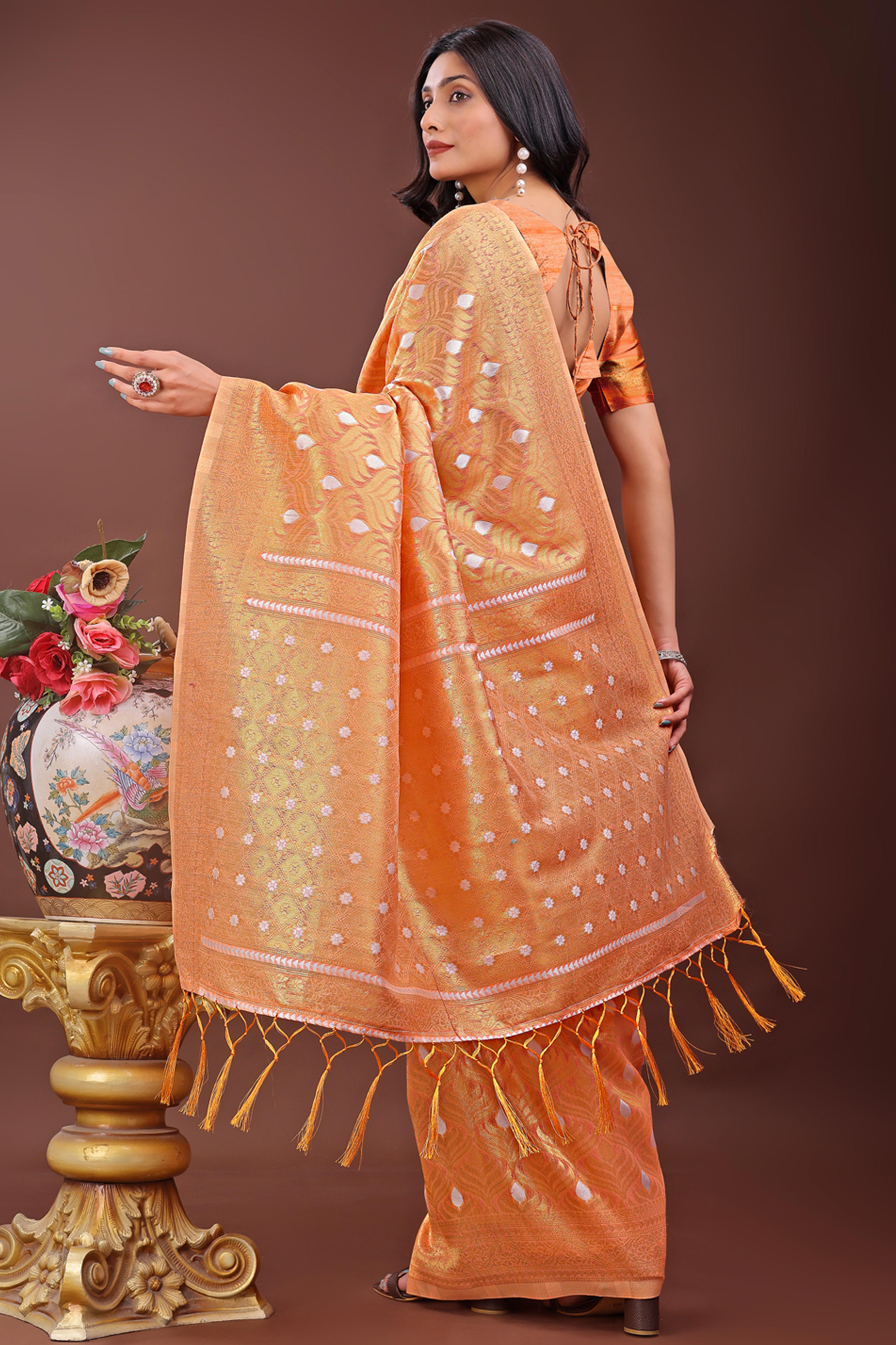 Peach Zari Work Cotton Silk Saree Finished with Luxe Tassels