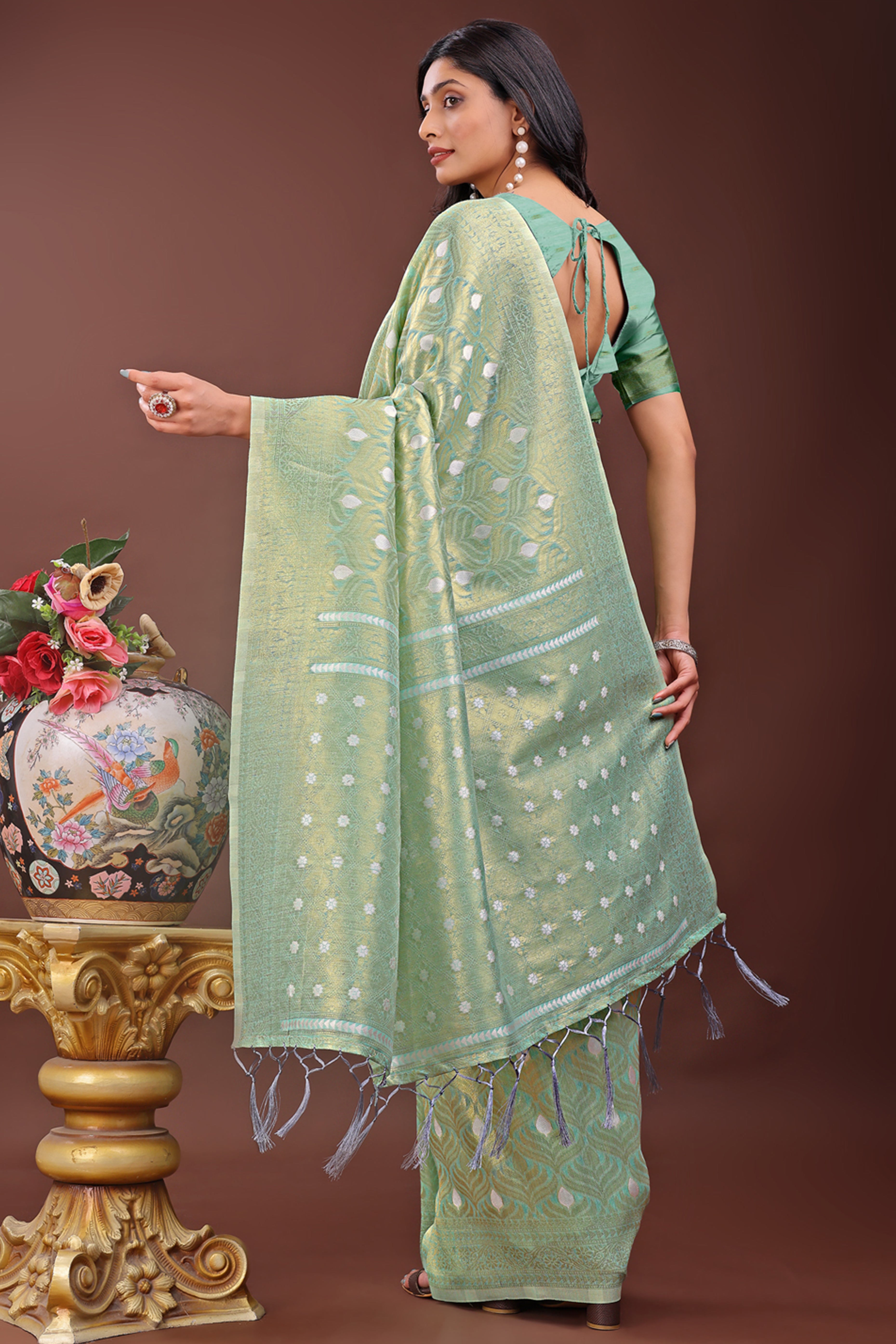 Sea Green Zari Work Cotton Silk Saree Finished with Luxe Tassels