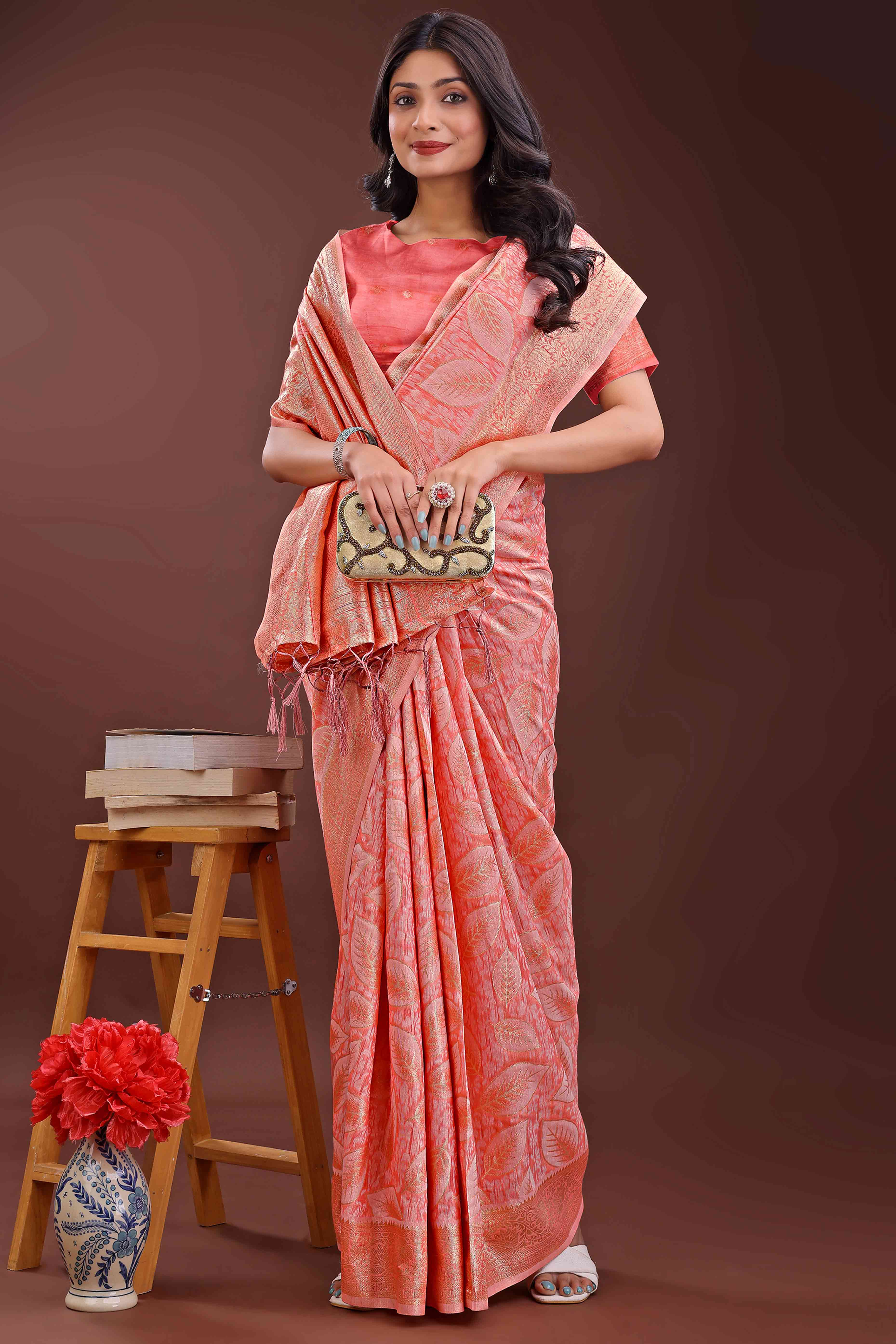 Peach Brocade Woven Saree in Cotton Silk Blend with Zari Detailing