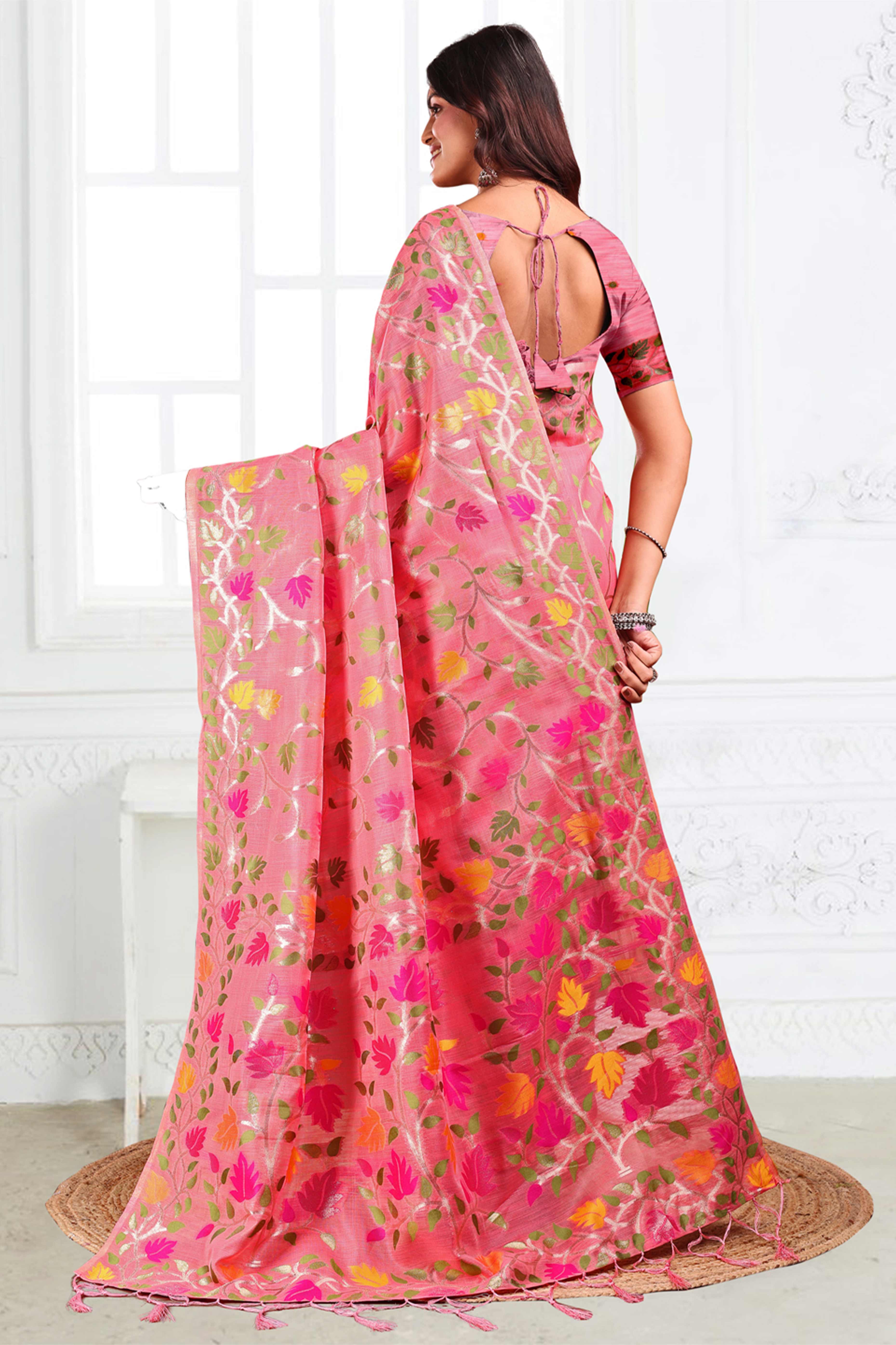 Pink Linen Cotton Silk  Saree Enhanced With Floral Zari Weaving & Tasselled Pallu Finish