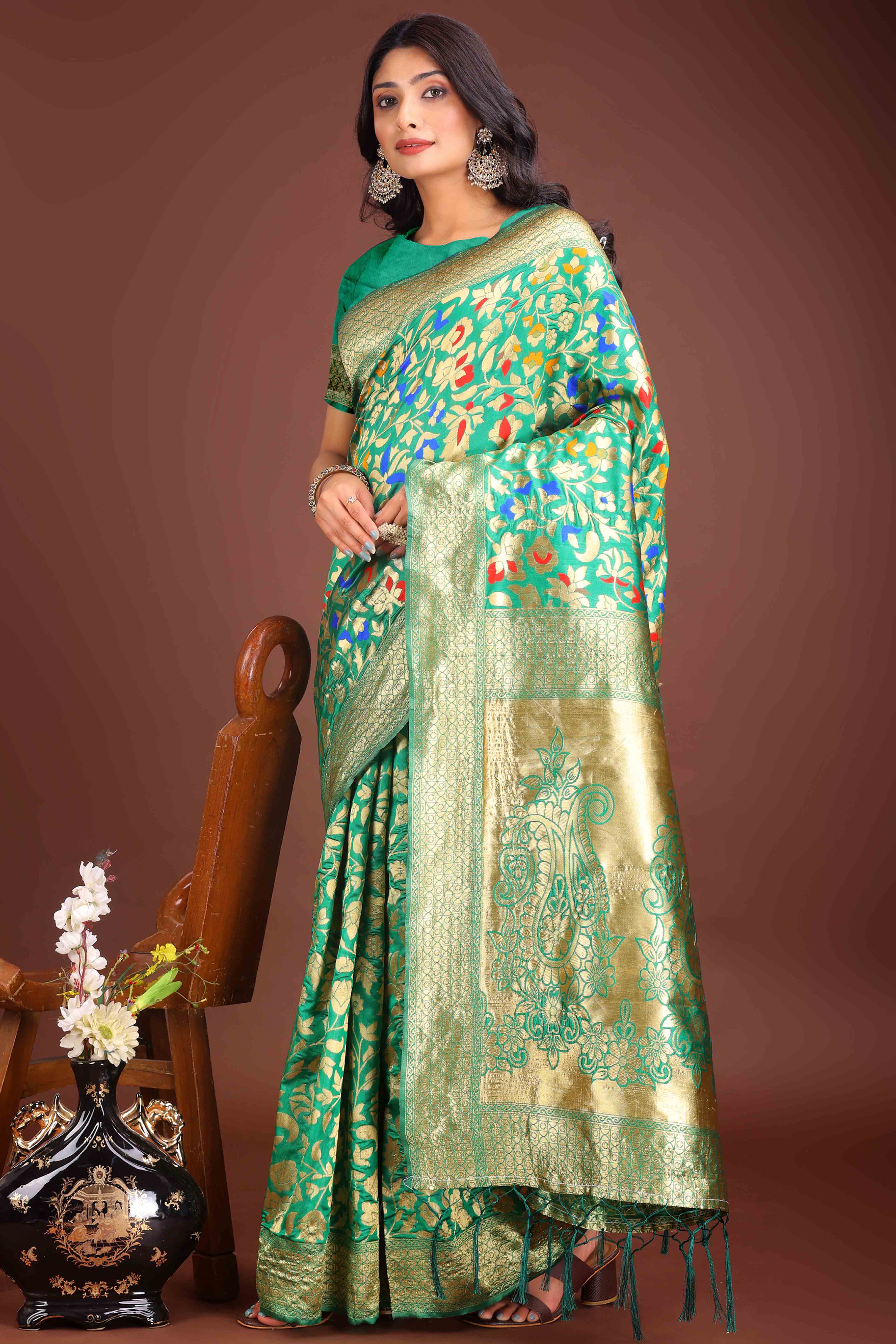Green Lichi Banarasi Silk Saree With Floral Zari Work & Tassel Border